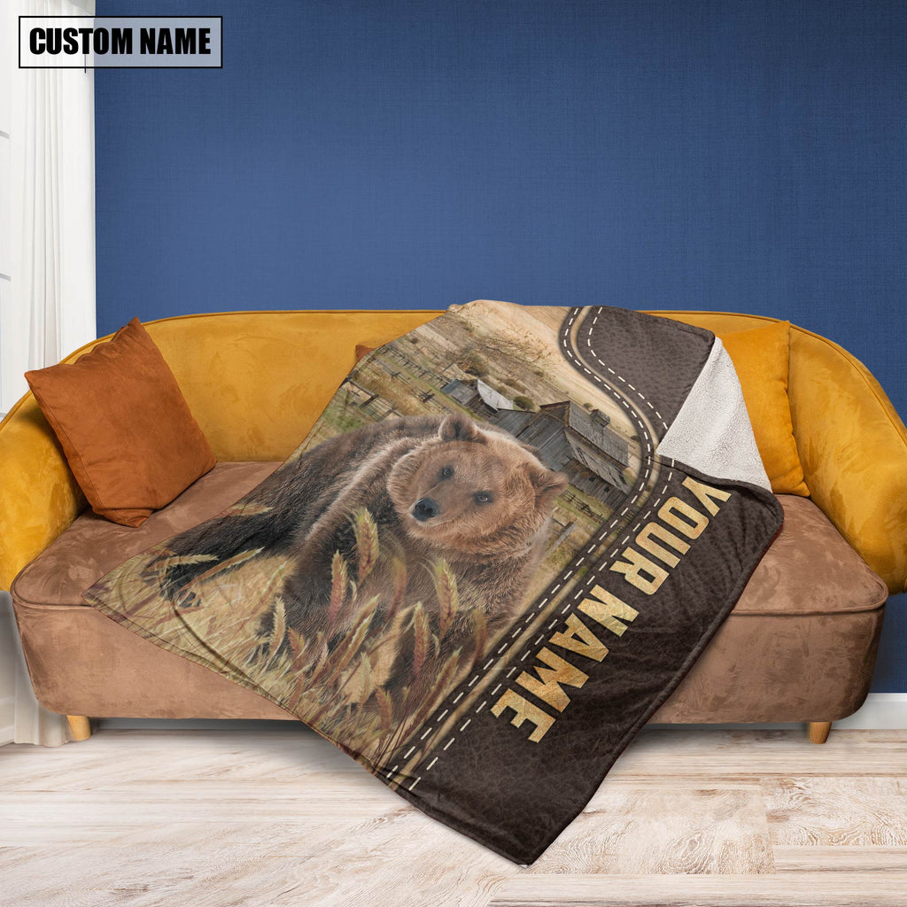 Personalized Name Bear Leather Pattern Blanket