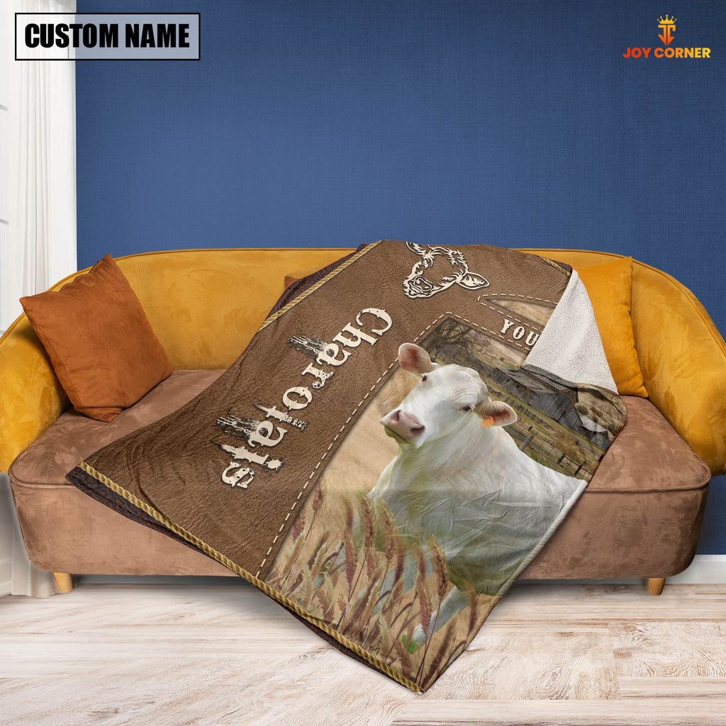 Personalized Name Charolais Farm Leather Brown Blanket