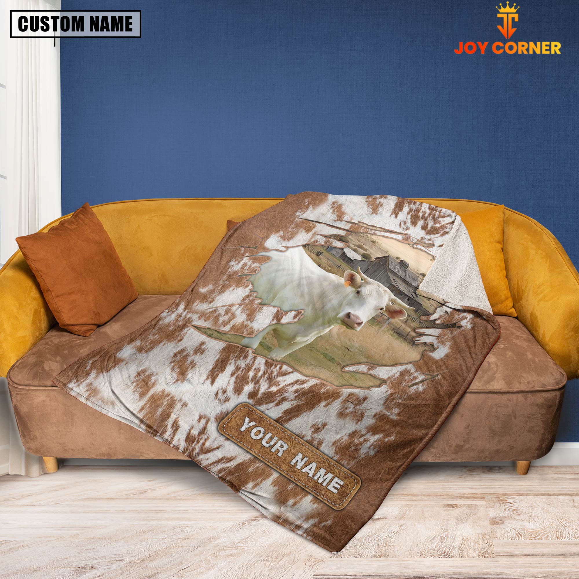 Custom Name Charolais Cow Hair Pattern Blanket