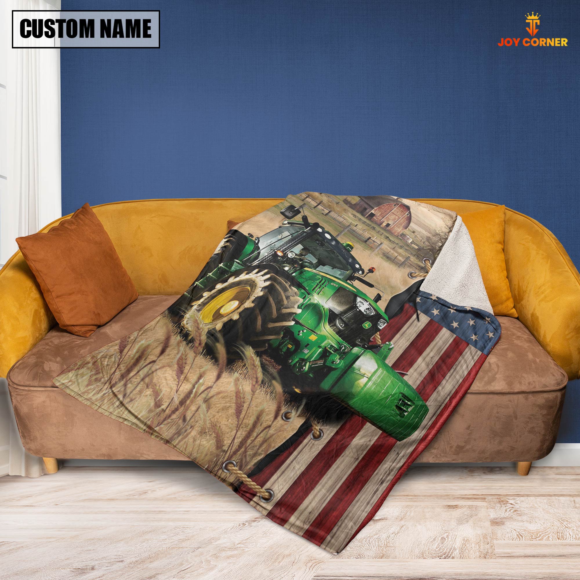 Personalized Name Farm Tractor Flag Vintage Blanket