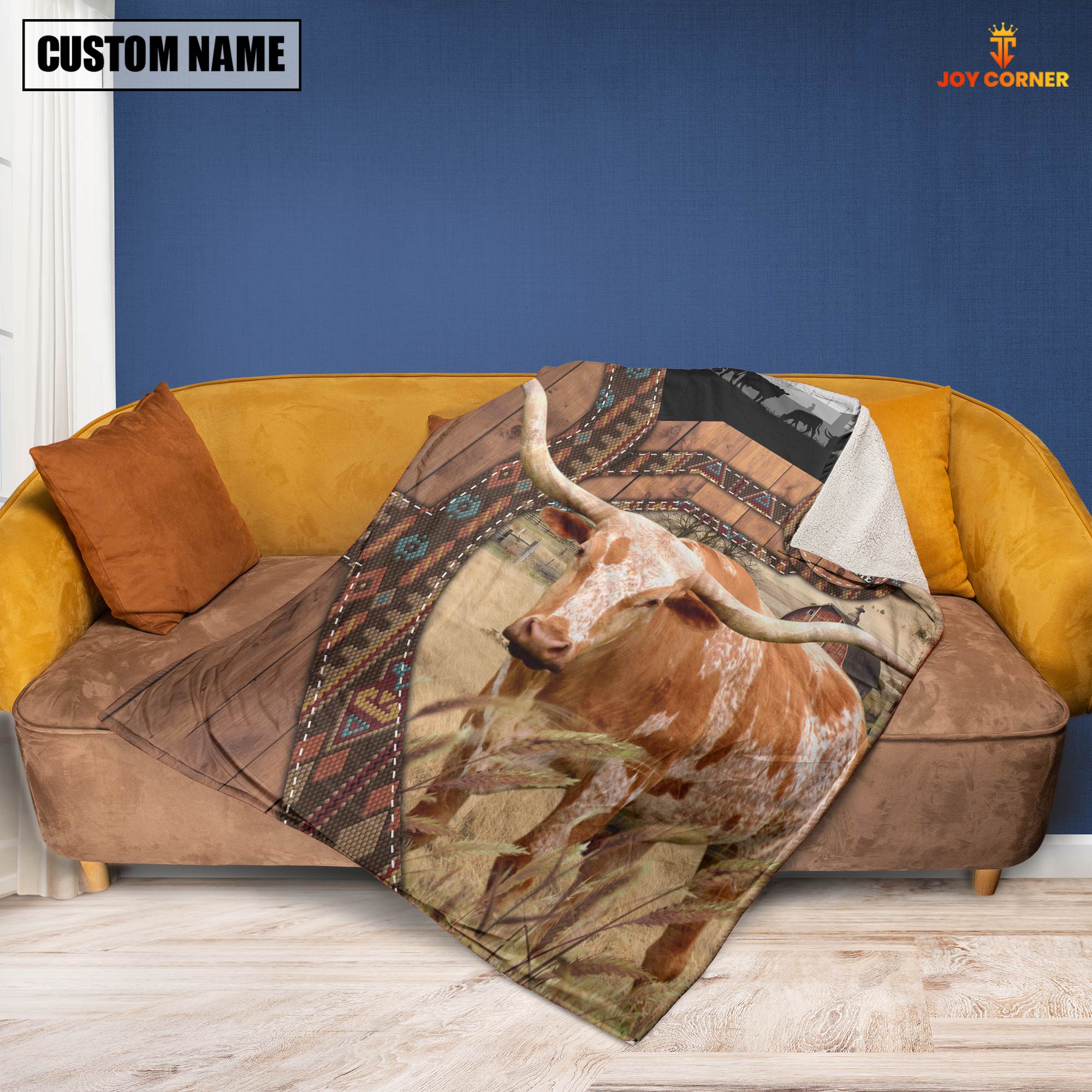 Texas Longhorn Custom Name Brocade Pattern Blanket