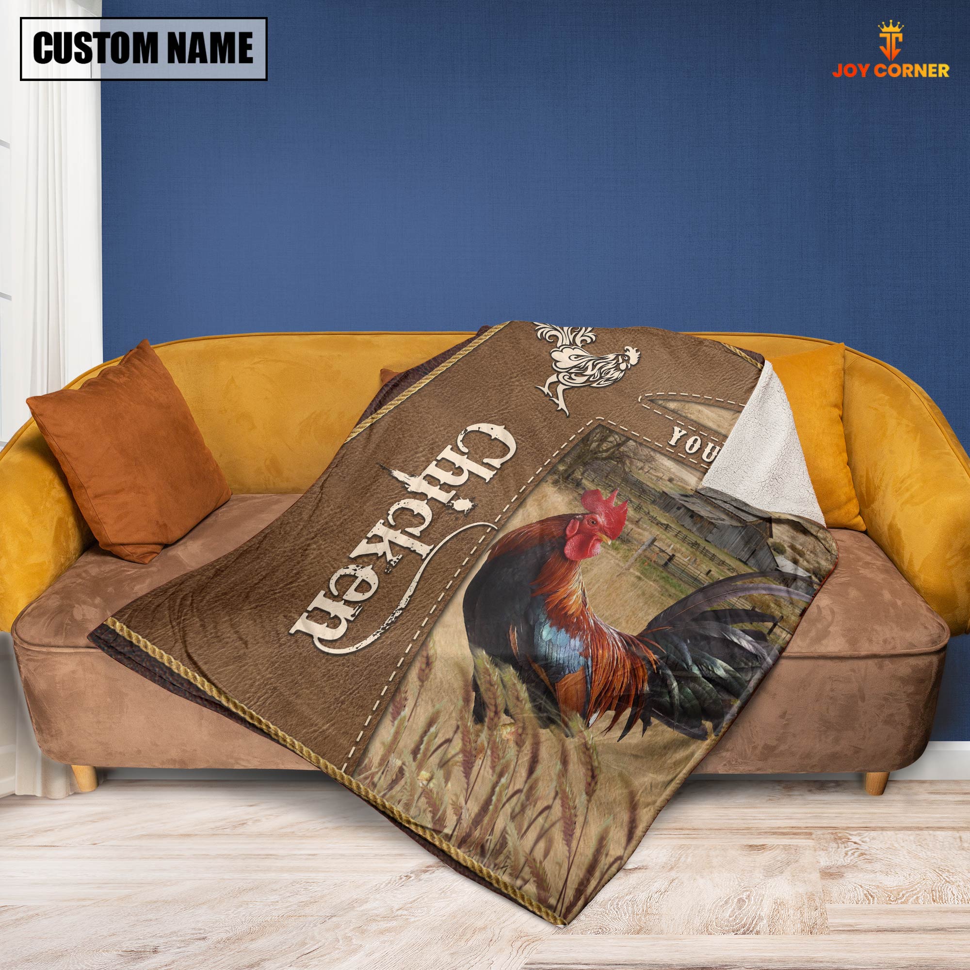 Personalized Name Chicken Farm Leather Brown Blanket