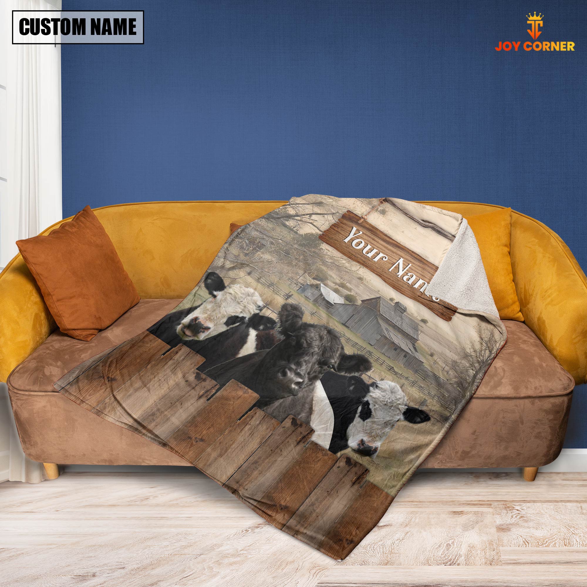 Personalized Name Belted Galloway Wooden Pattern Blanket