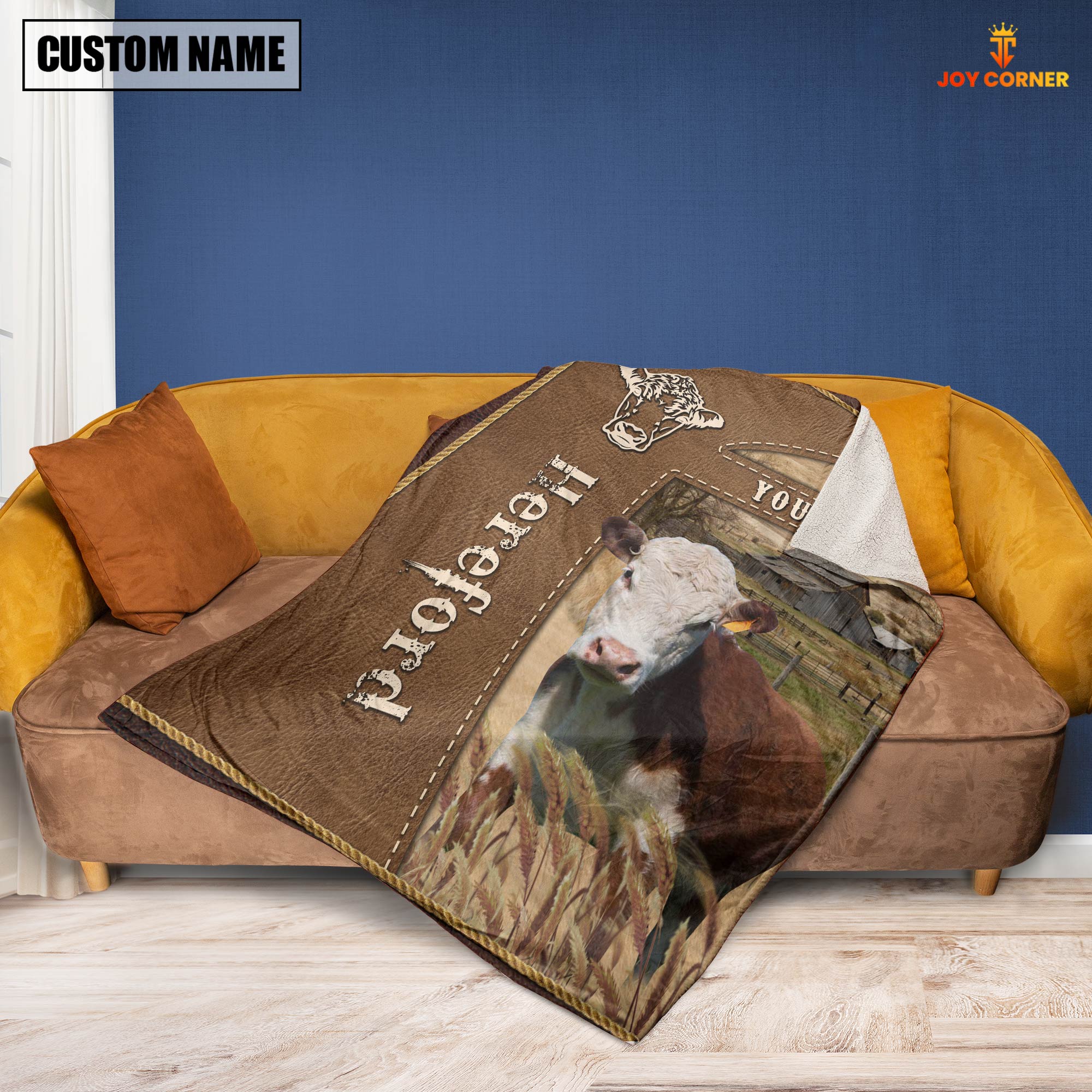 Personalized Name Hereford Farm Leather Brown Blanket
