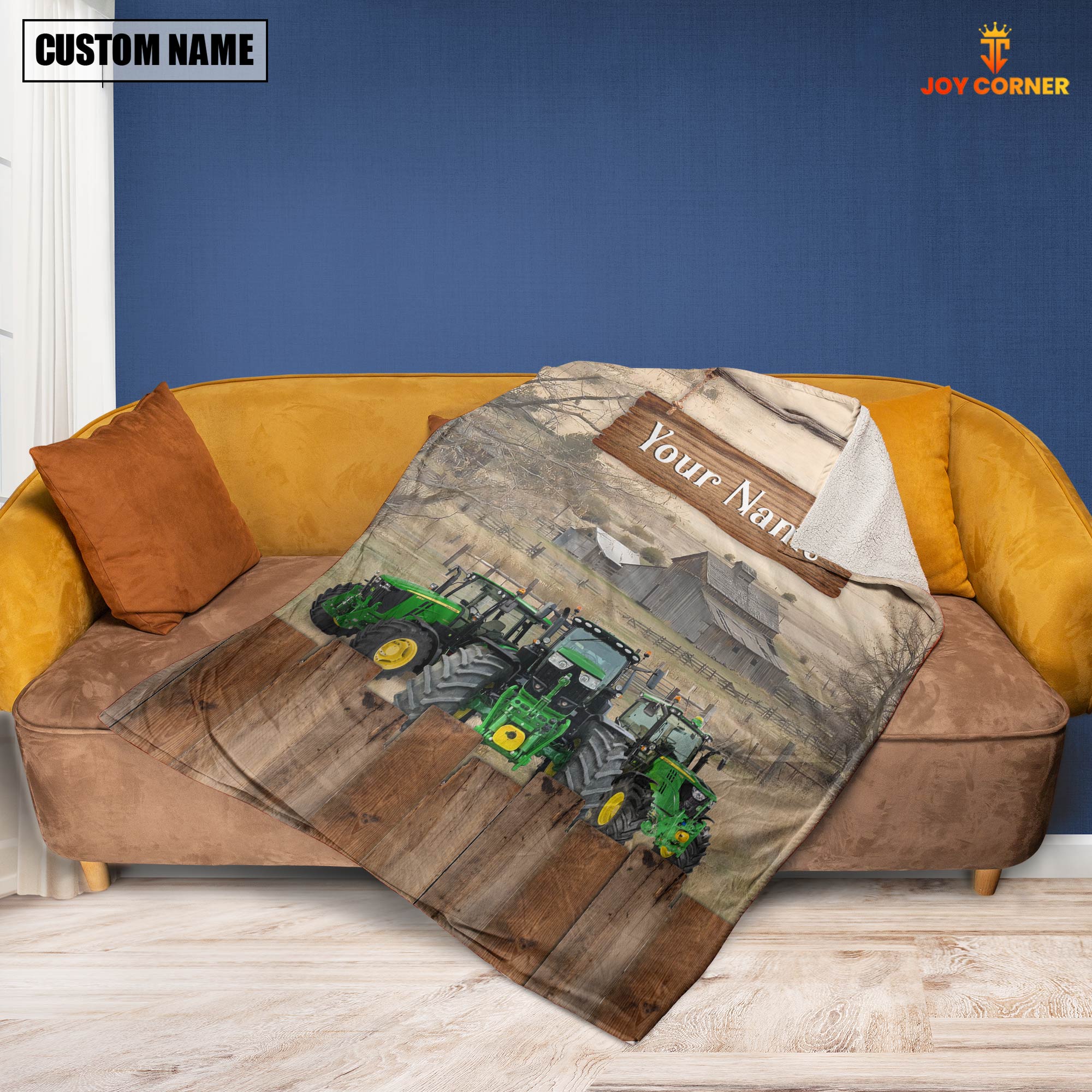Personalized Name Tractor Wooden Pattern Blanket