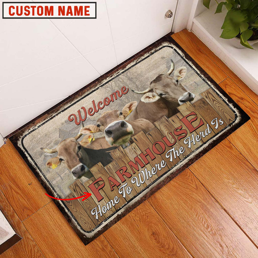 Brown Swiss Custom Name - Home To Where The Herd Is FarmHouse Doormat