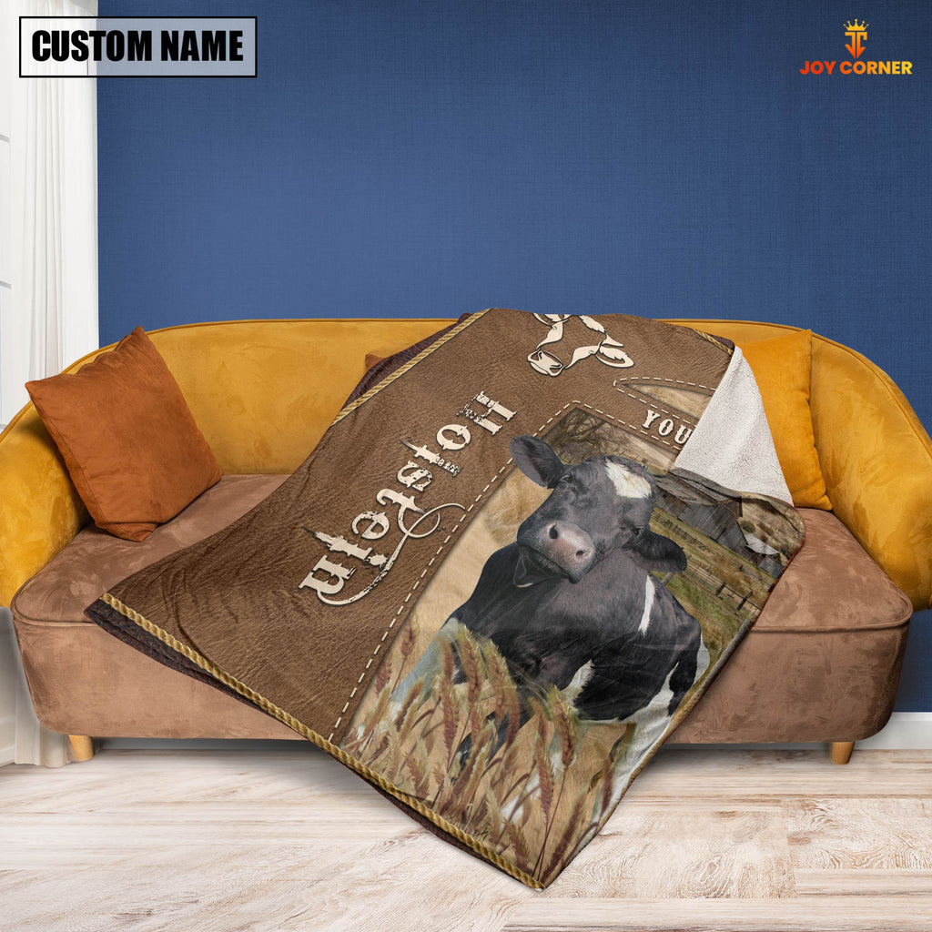 Personalized Name Holstein Farm Leather Brown Blanket