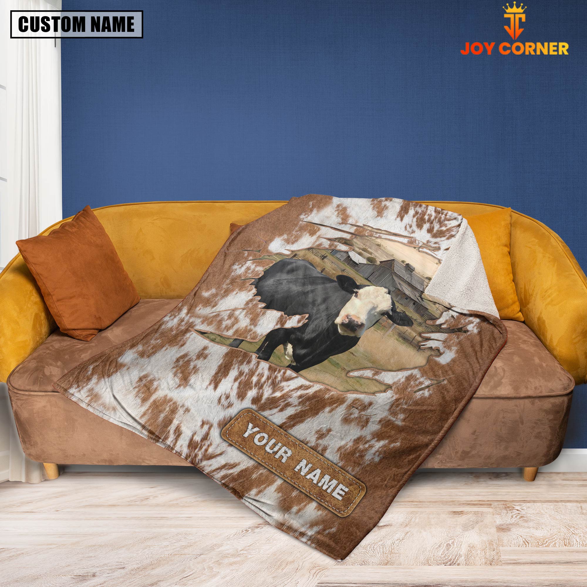 Custom Name Black Baldy Cow Hair Pattern Blanket
