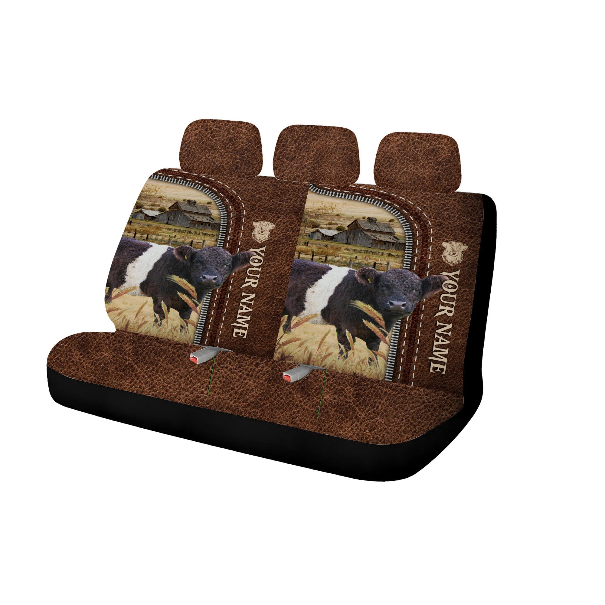 Belted Galloway Personalized Name Leather Pattern Car Seat Covers Universal Fit (2Pcs)
