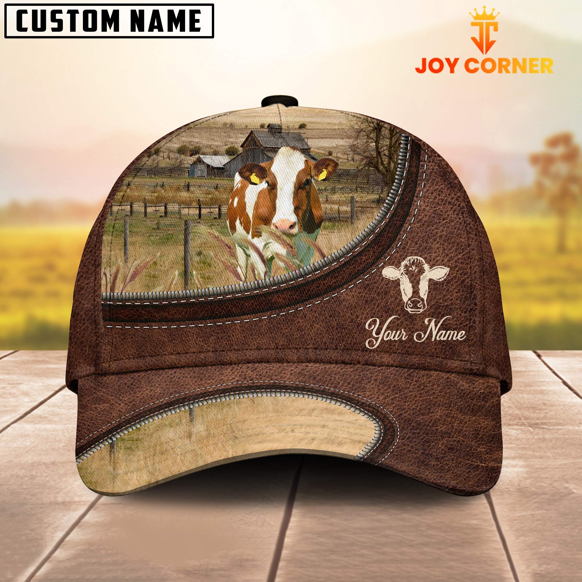 Red Holstein On The Farm Customized Name Leather Pattern Cap