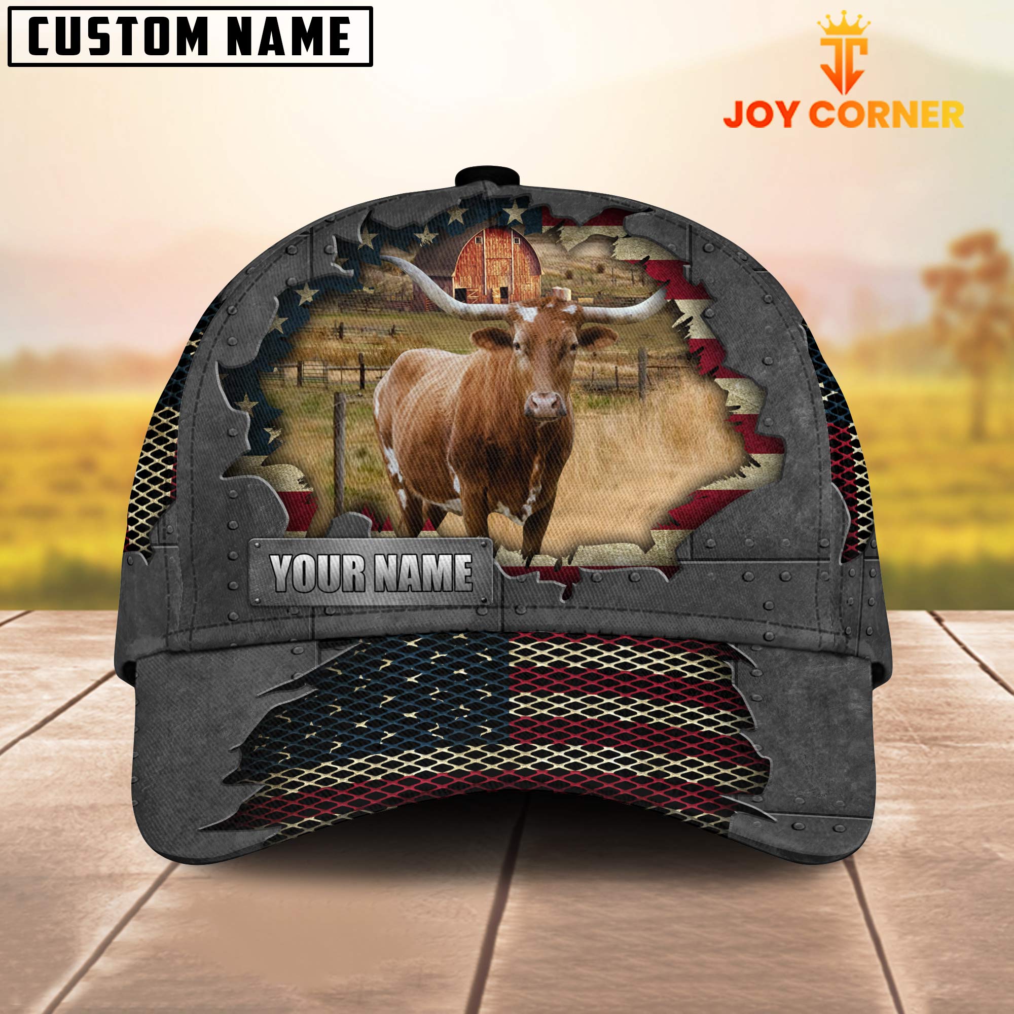 Texas Longhorn Customized Name US Flag Net Cap