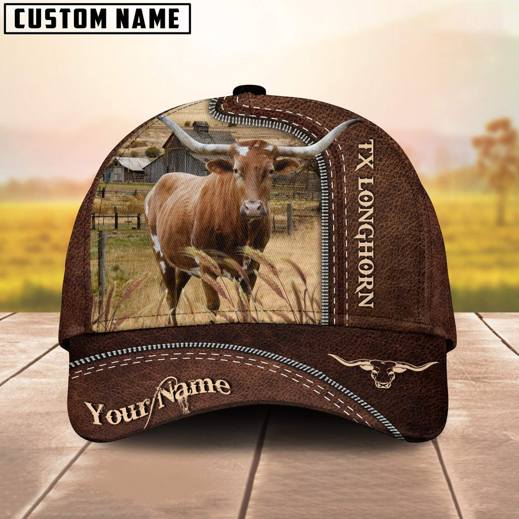 Texas Longhorn Customized Name Leather Pattern Cap