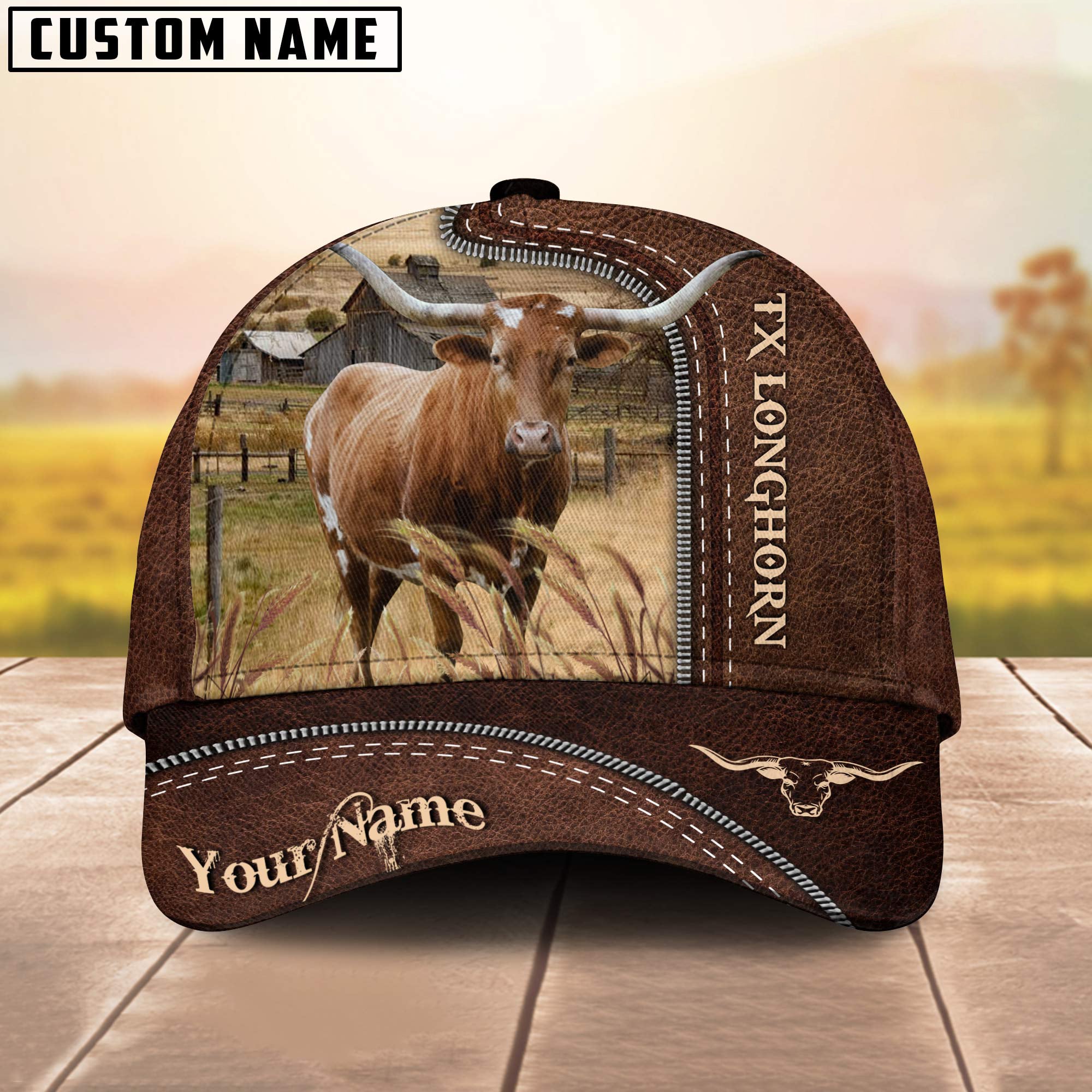Texas Longhorn Customized Name Leather Pattern Cap