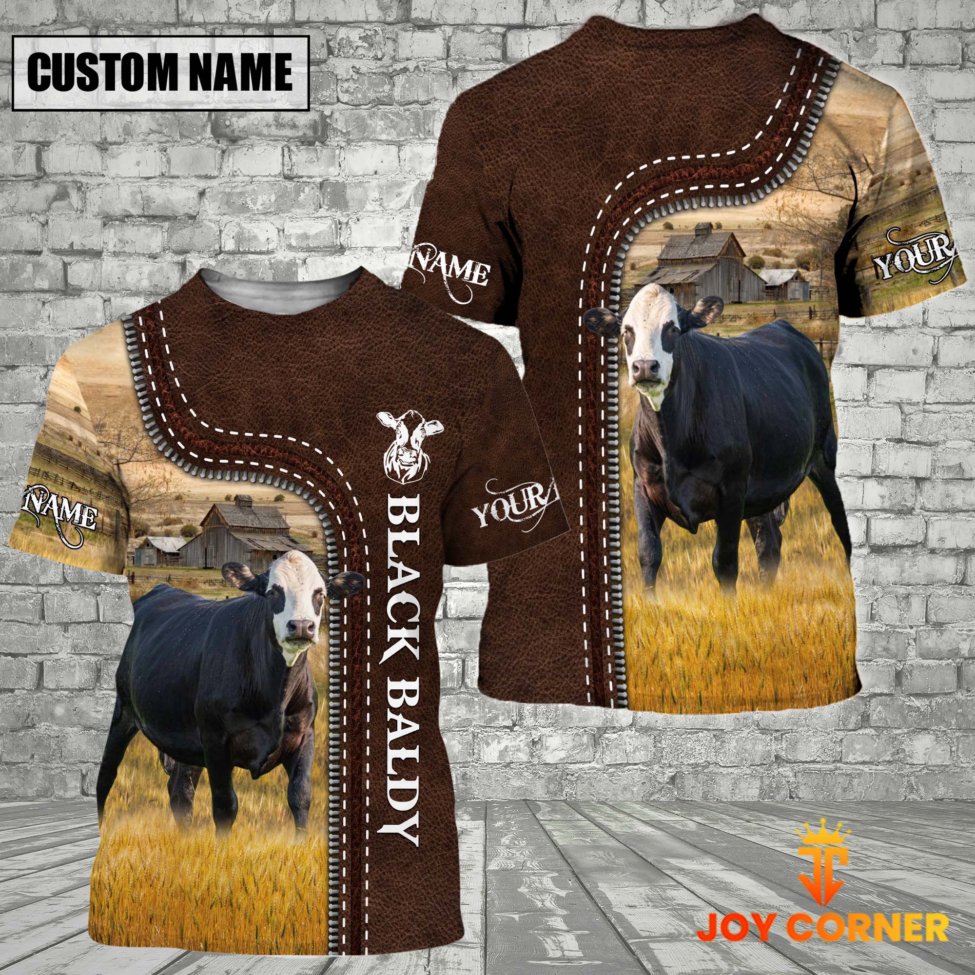 Black Baldy Farm Custom Name Leather Pattern T-Shirt