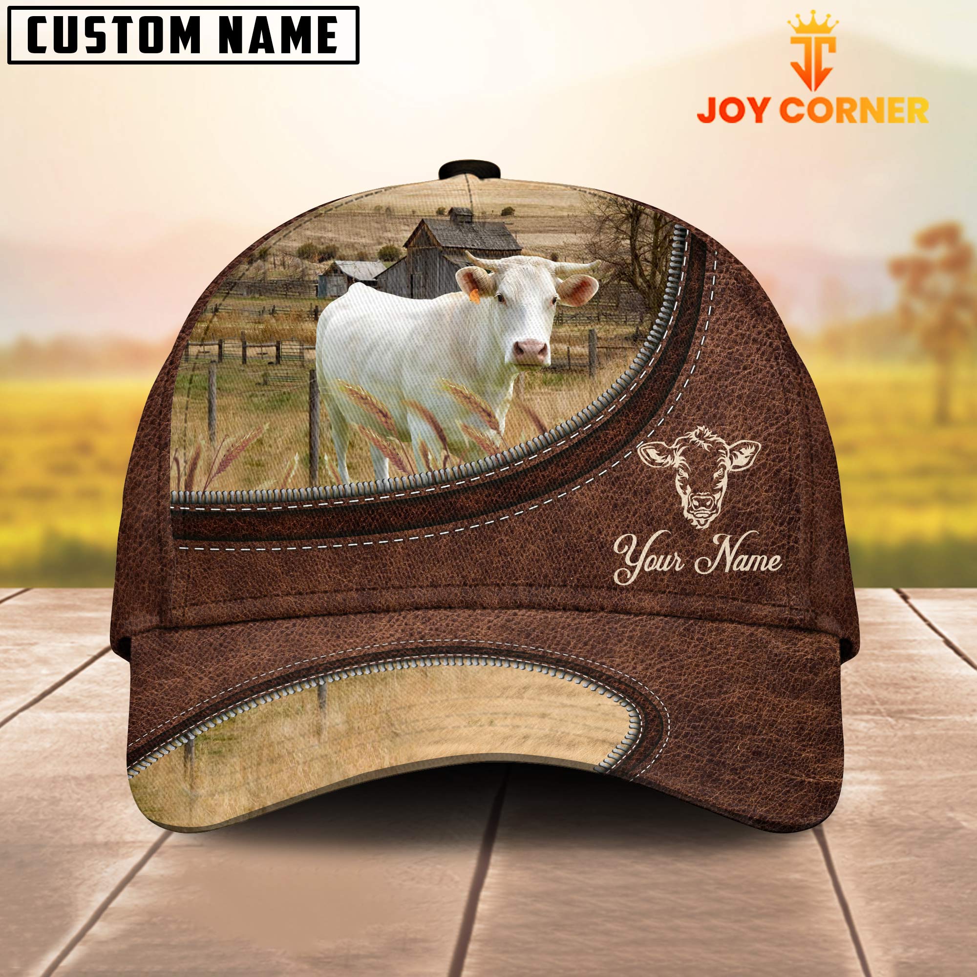 Charolais On The Farm Customized Name Leather Pattern Cap