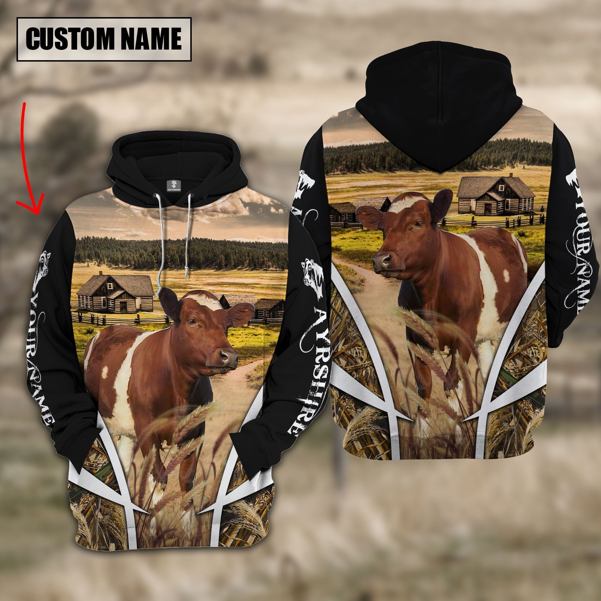 Ayrshire No Horns Custom Name Meadow Pattern Black Hoodie