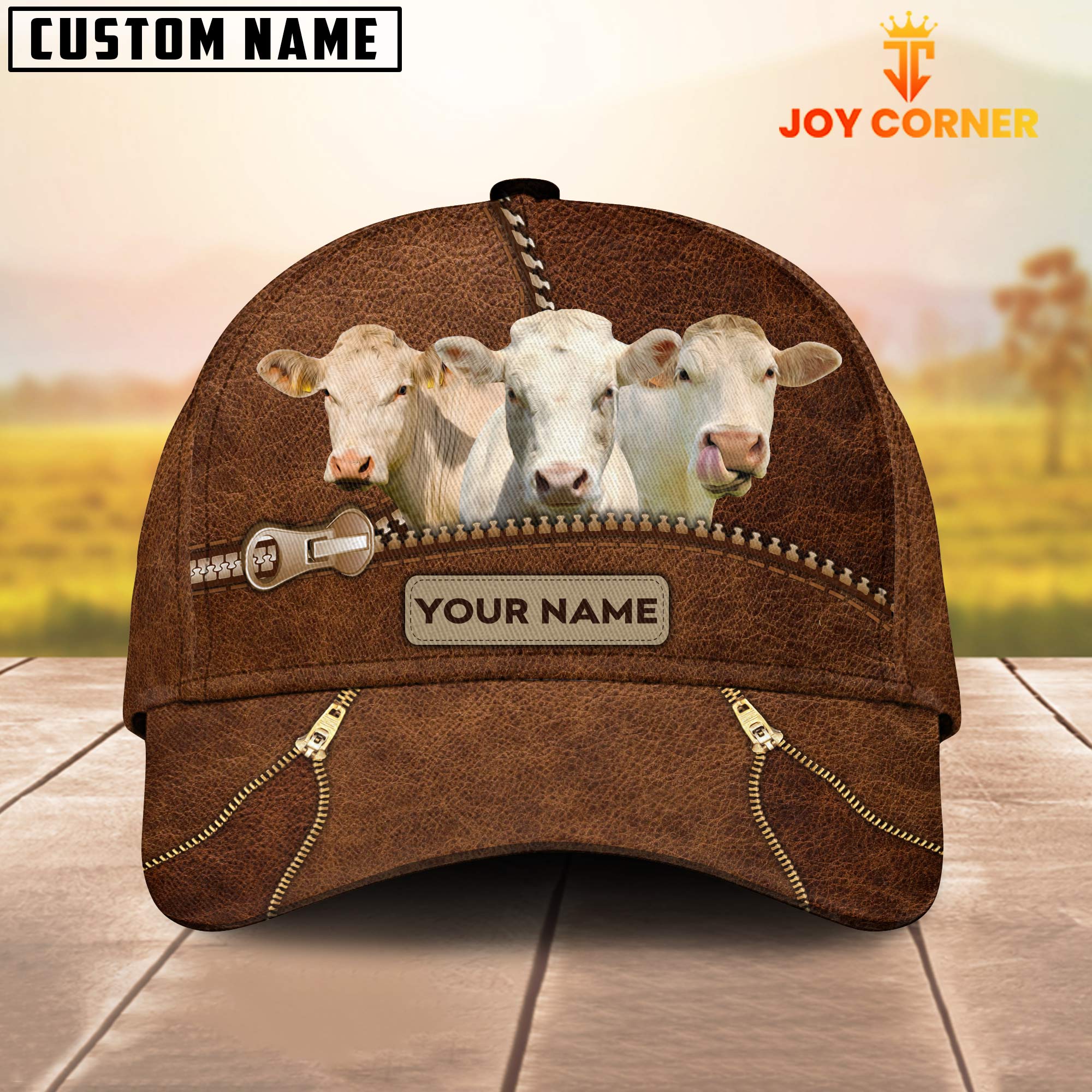 Charolais Cattle Zipper Pattern Customized Name Cap