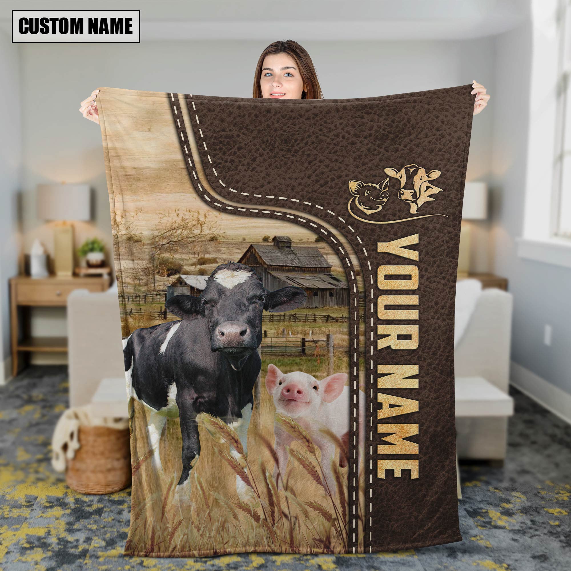 Personalized Name Pig and Cows Leather Pattern Blanket