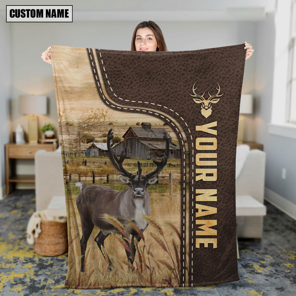 Rain Deer Custom Name Leather Pattern Blanket