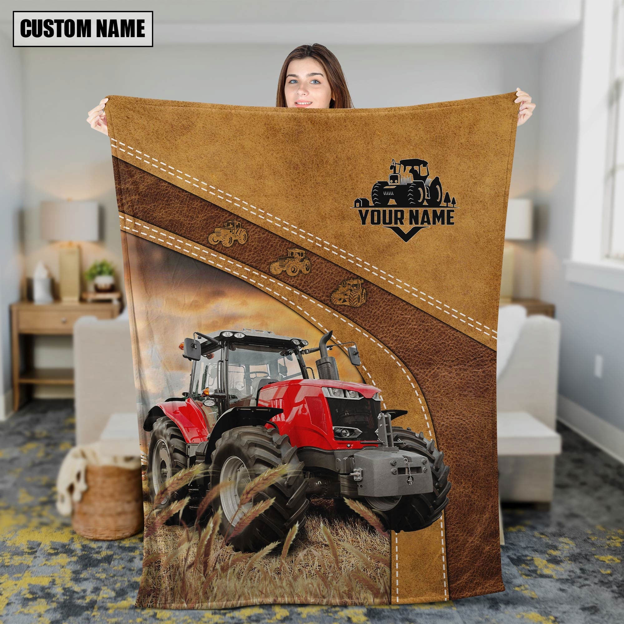 Personalized Name Red Tractor In Field Farmhouse Blanket
