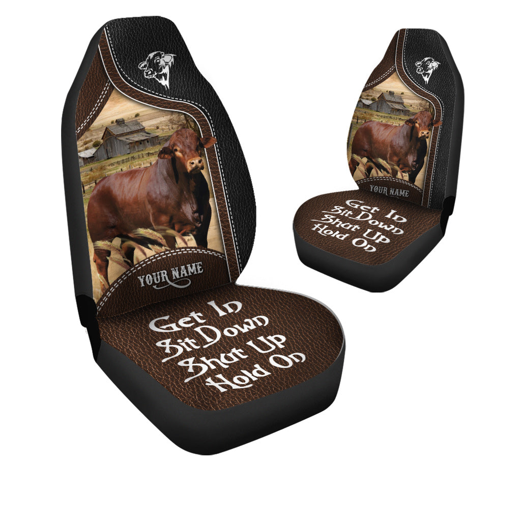 Beefmaster Personalized Name Black And Brown Leather Pattern Car Seat Covers Universal Fit (2Pcs)