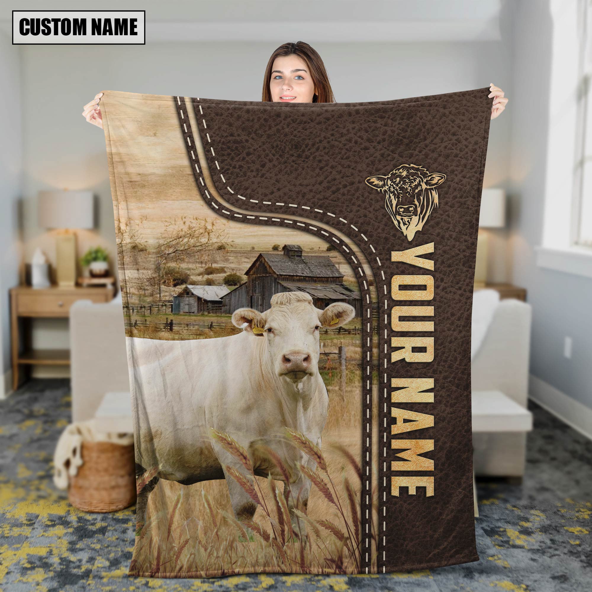 Personalized Name Charolais No Horn Leather Pattern Blanket