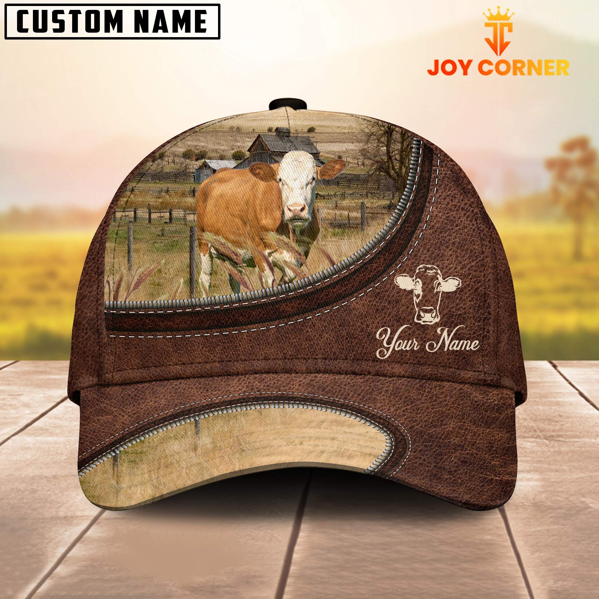 Fleckvieh On The Farm Customized Name Leather Pattern Cap
