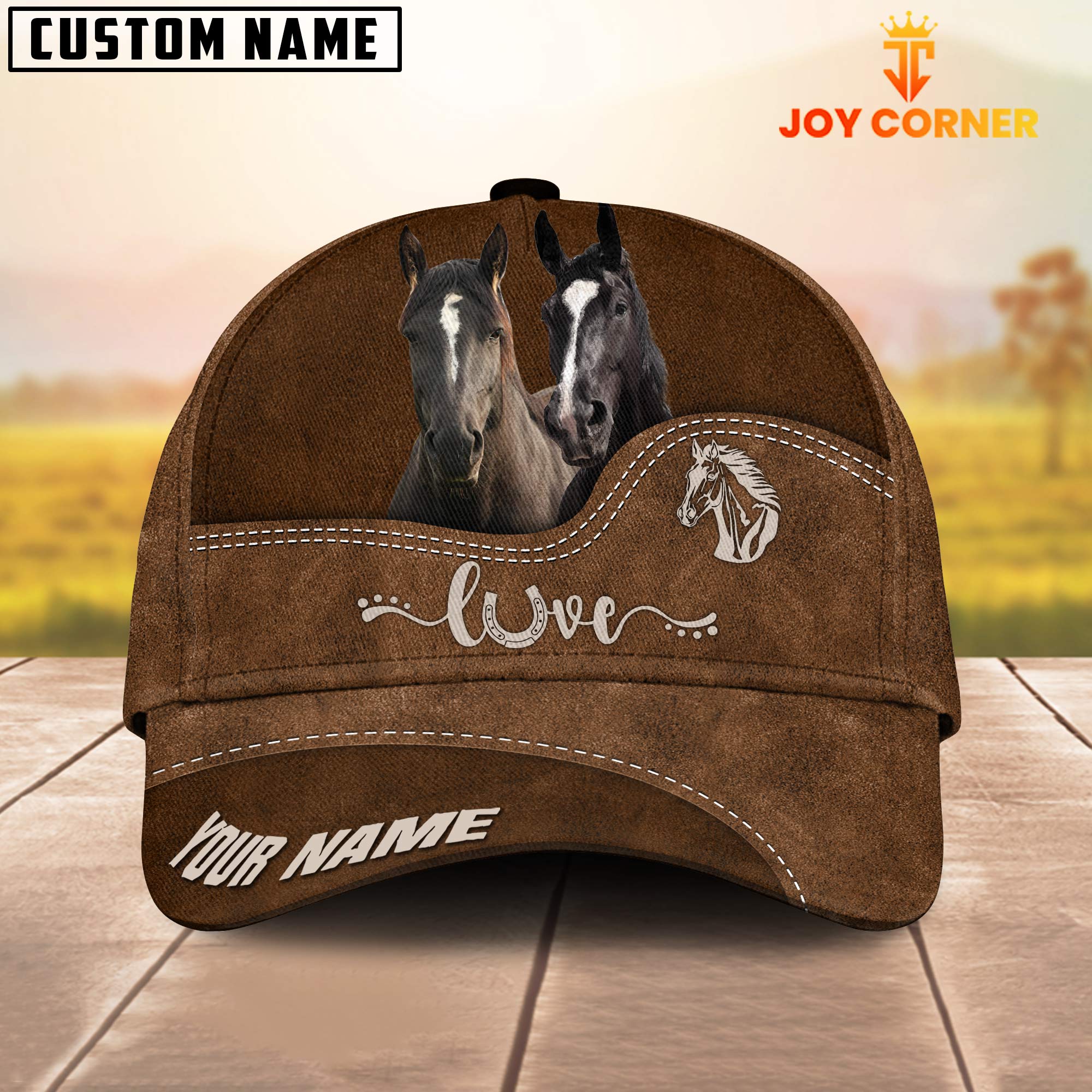 Black Horse Love Leather Pattern Customized Name Cap