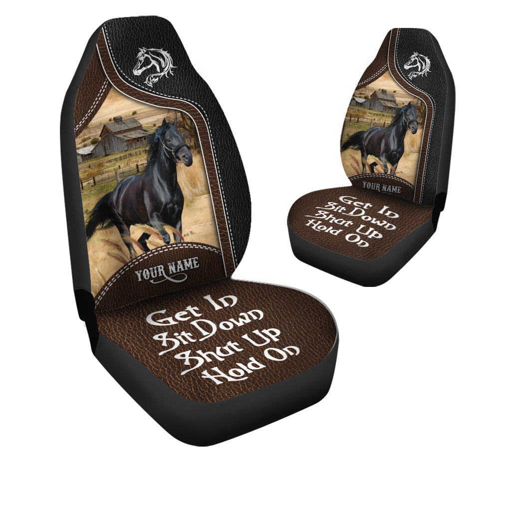 Black Horse Personalized Name Black And Brown Leather Pattern Car Seat Covers Universal Fit (2Pcs)