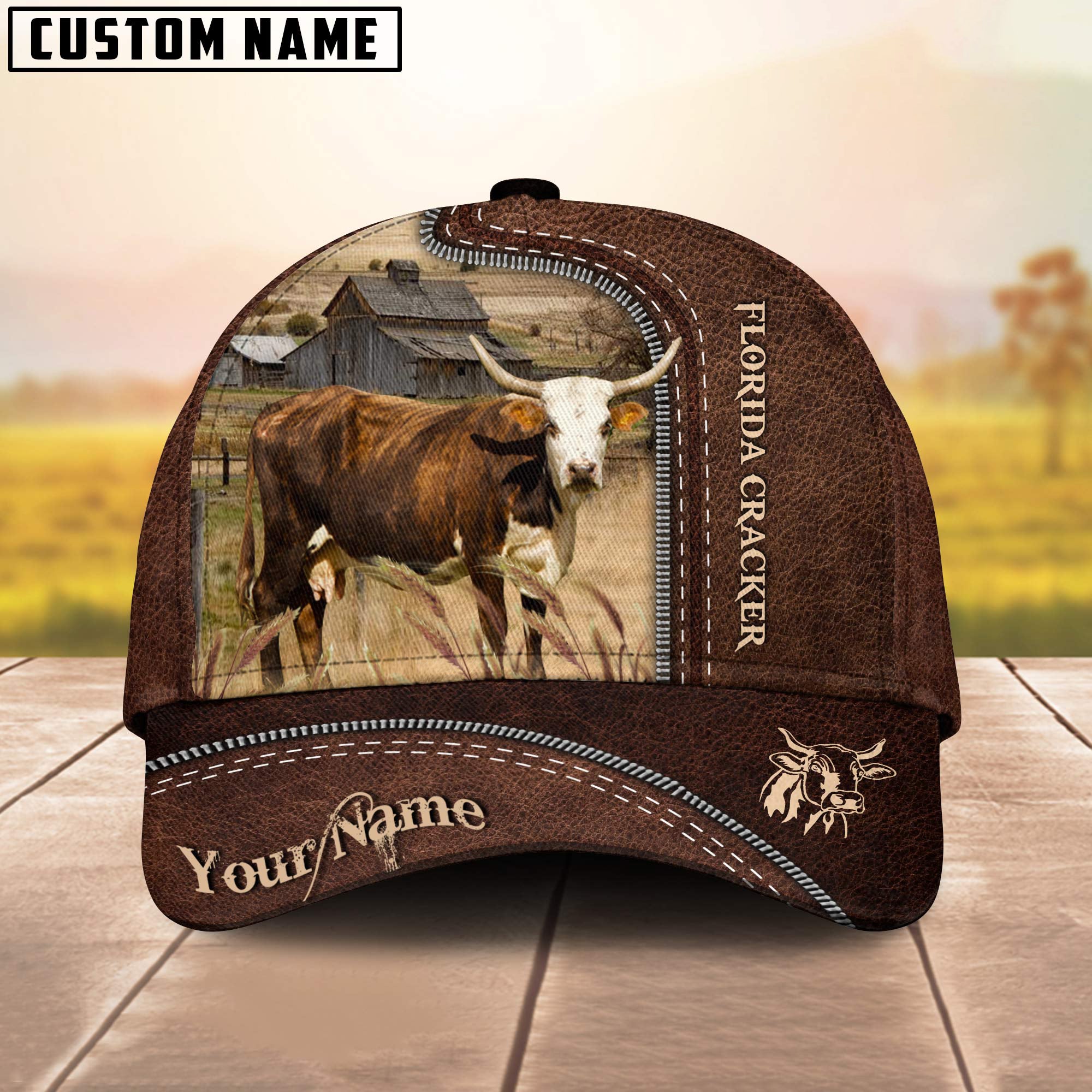 Florida Cracker Cow Customized Name Leather Pattern Cap