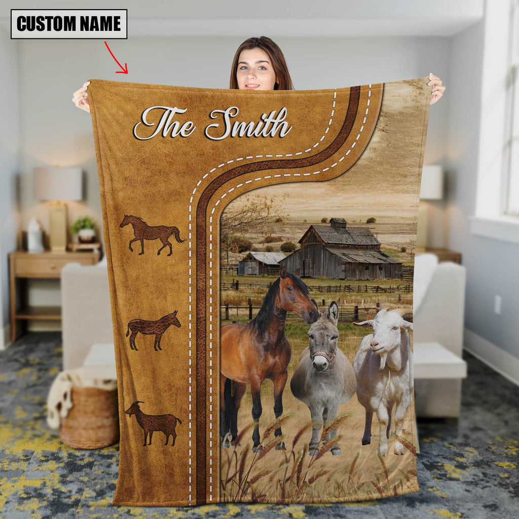 Personalized Horse, Donkey and Goat In Field Farmhouse Blanket