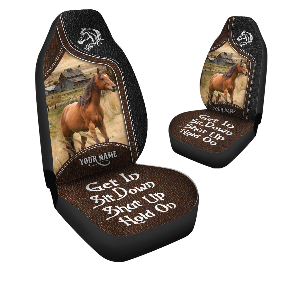 Brown Horse Personalized Name Black And Brown Leather Pattern Car Seat Covers Universal Fit (2Pcs)