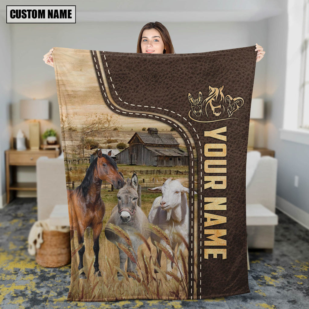 Personalized Name Horse, Donkey and Goat Leather Pattern Blanket