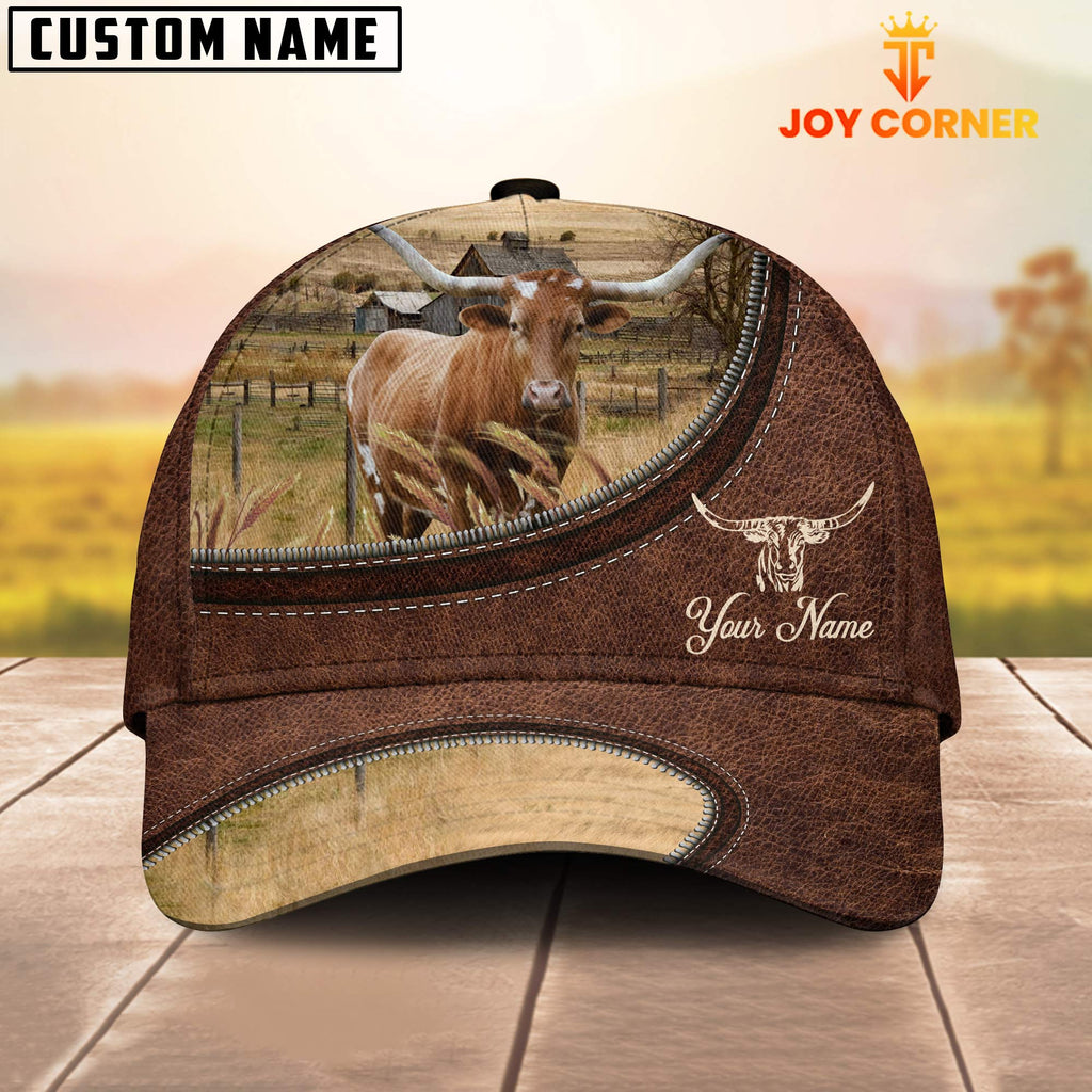 Texas Longhorn On The Farm Customized Name Leather Pattern Cap