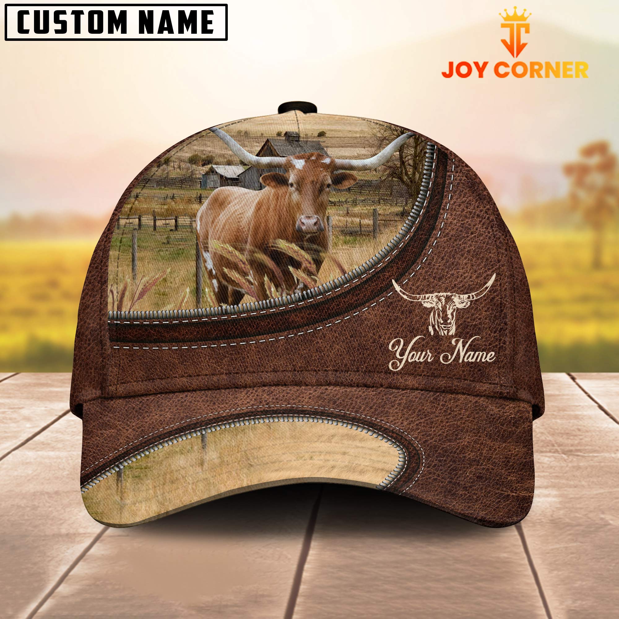 Texas Longhorn On The Farm Customized Name Leather Pattern Cap