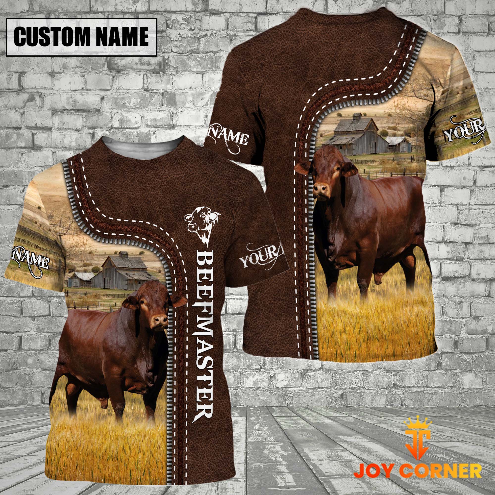 Beefmaster Farm Custom Name Leather Pattern T-Shirt