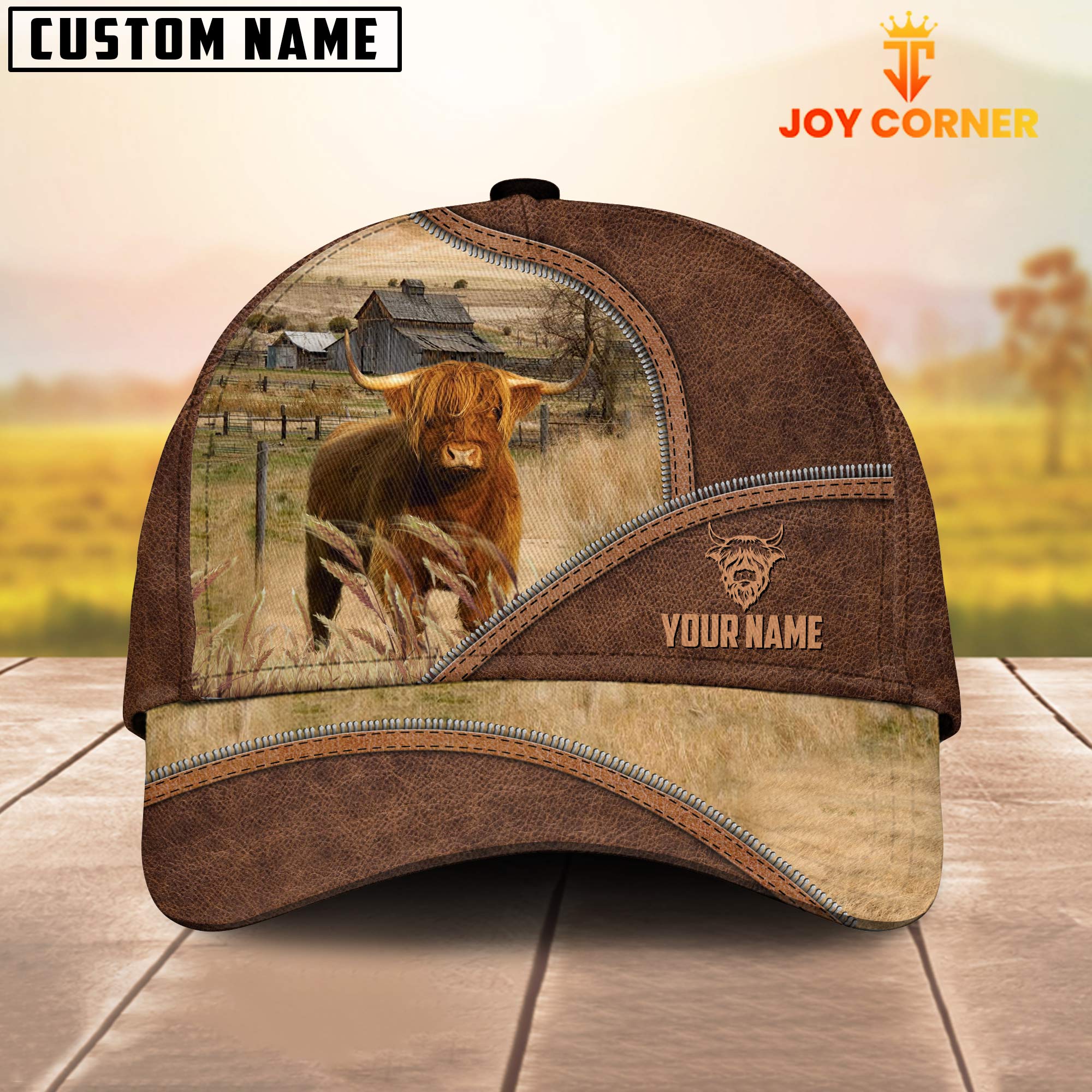 Highland Zipper Leather Pattern Customized Name Cap