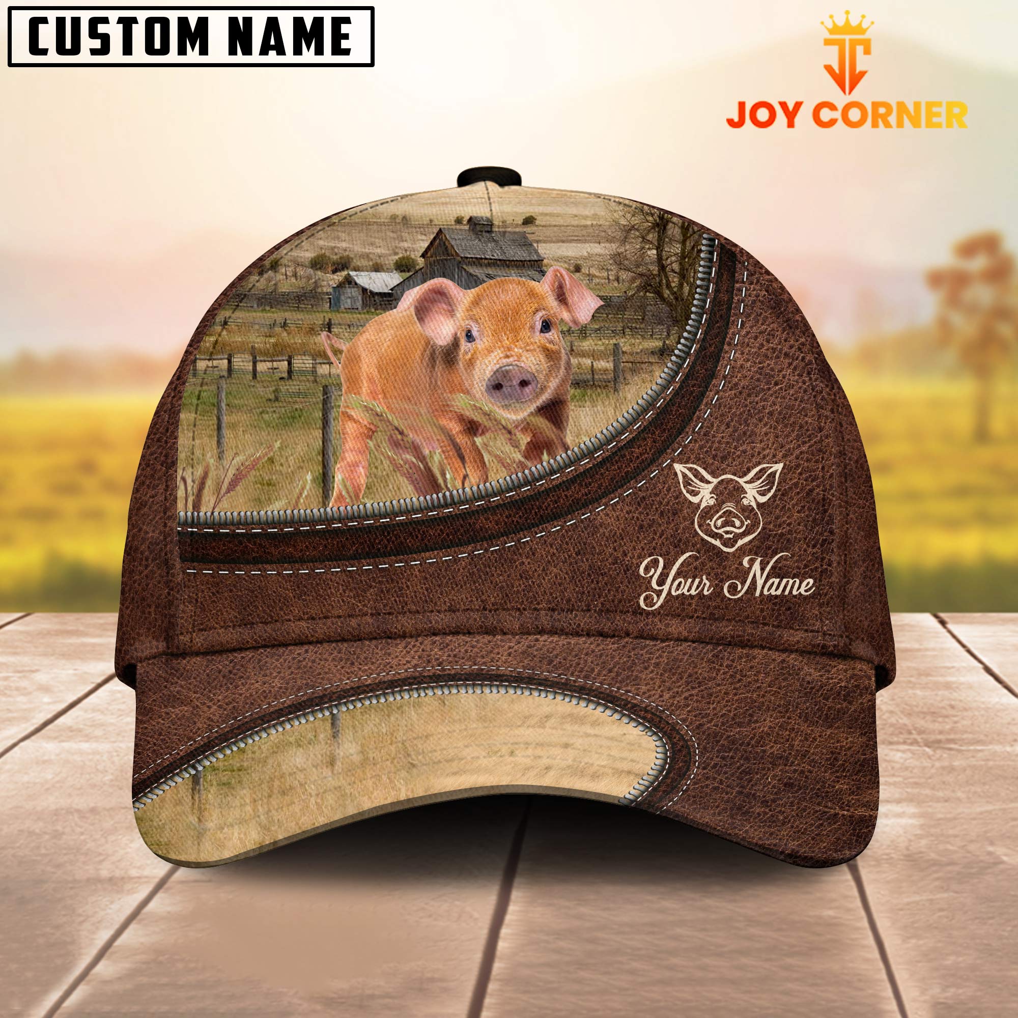 Pig Brownie On The Farm Customized Name Leather Pattern Cap