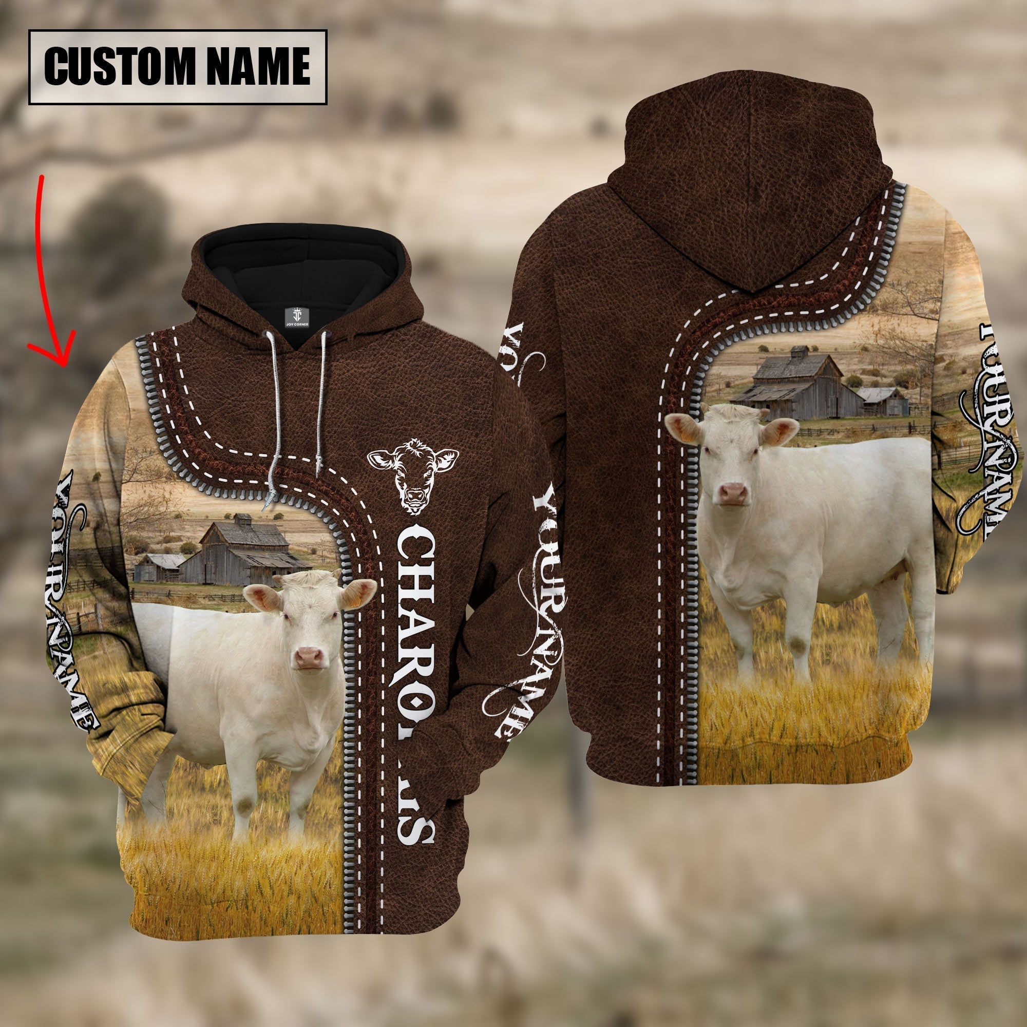 Charolais Farming Leather Pattern Personalized 3D Hoodie