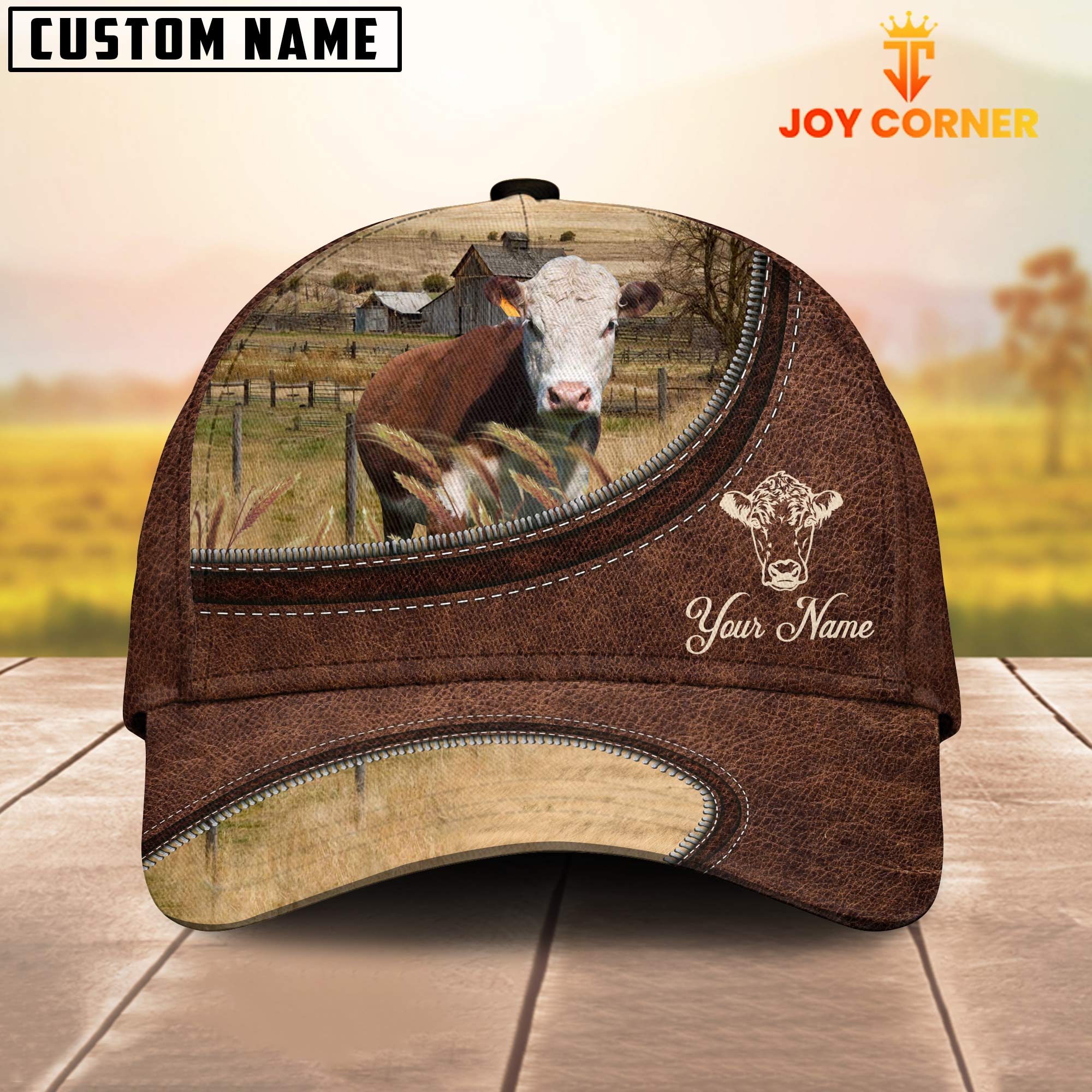 Hereford On The Farm Customized Name Leather Pattern Cap