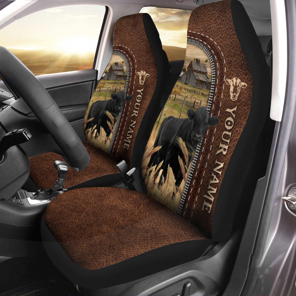 Black Angus Personalized Name Leather Pattern Car Seat Covers Universal Fit (2Pcs)
