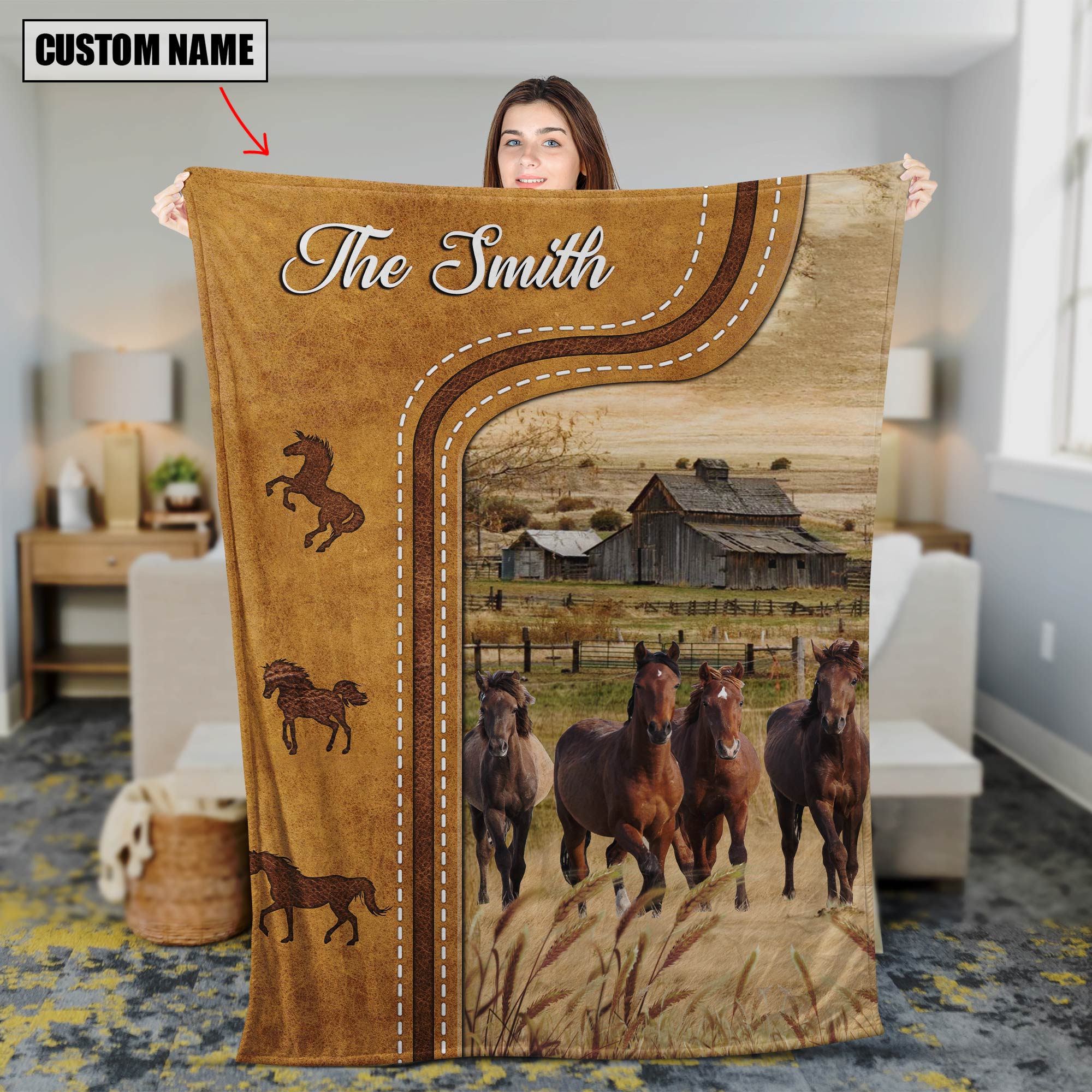 Personalized Horse In Field Farmhouse Blanket