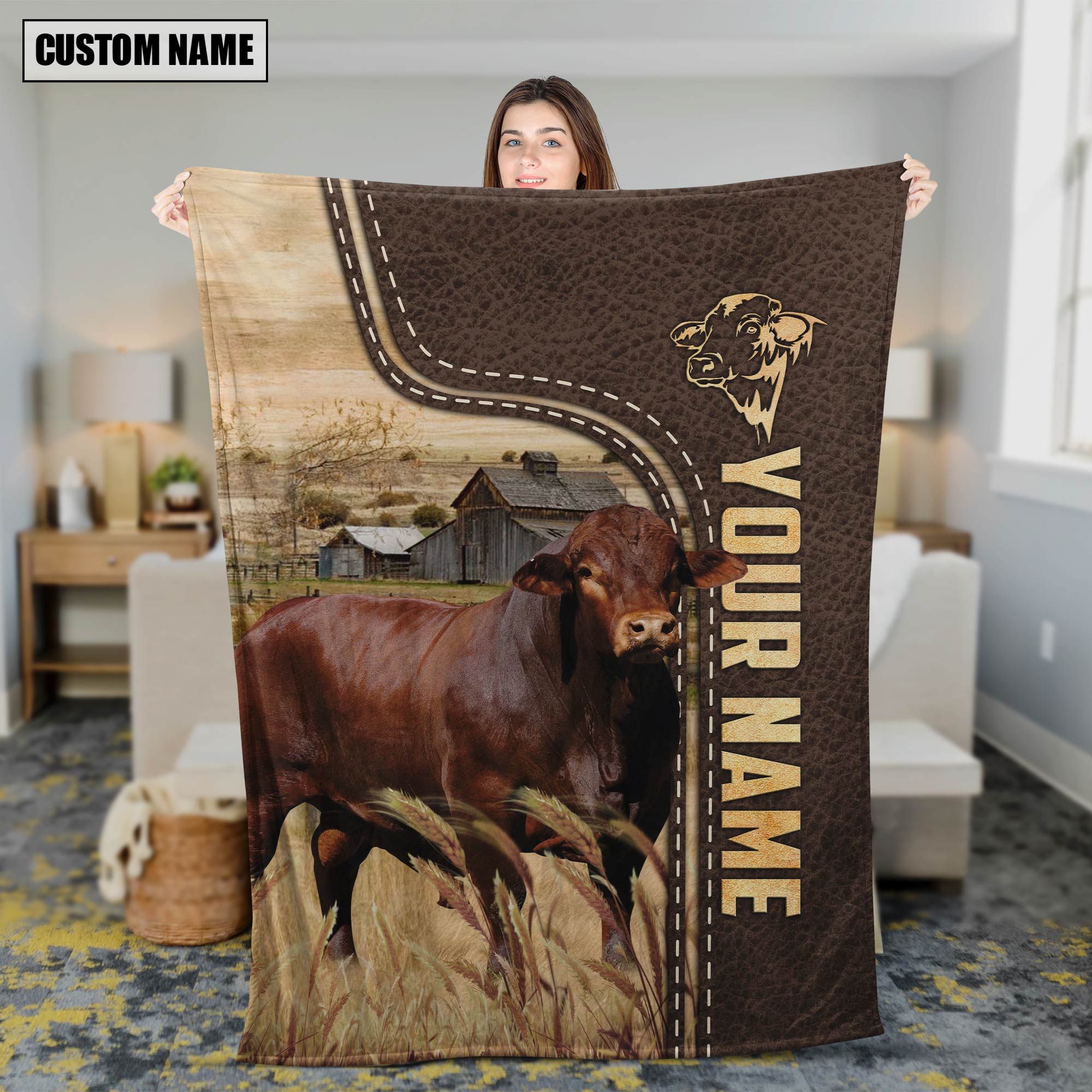 Personalized Name Beefmaster Leather Pattern Blanket