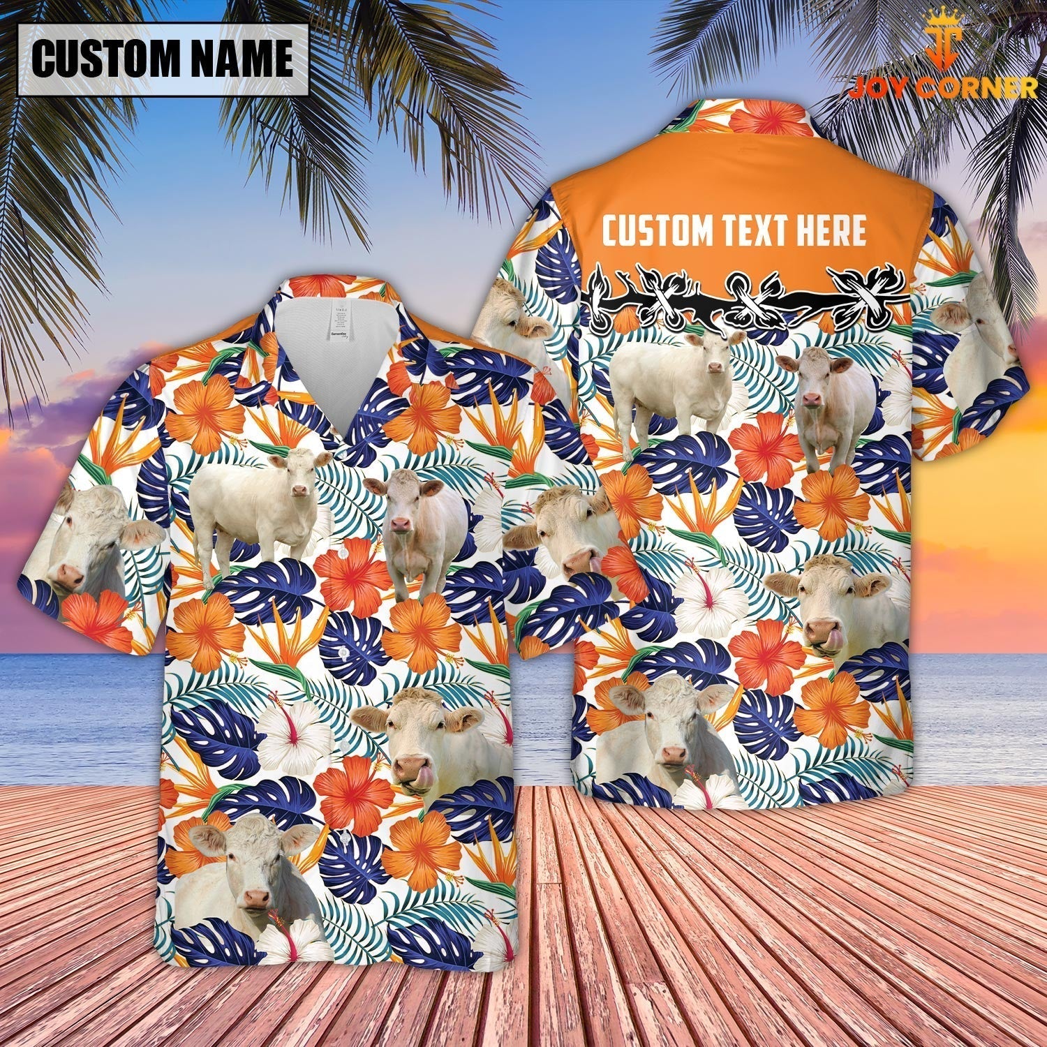 Unique Charolais No Horn Hibiscus Blue Floral Custom Name 3D Hawaiian Shirt