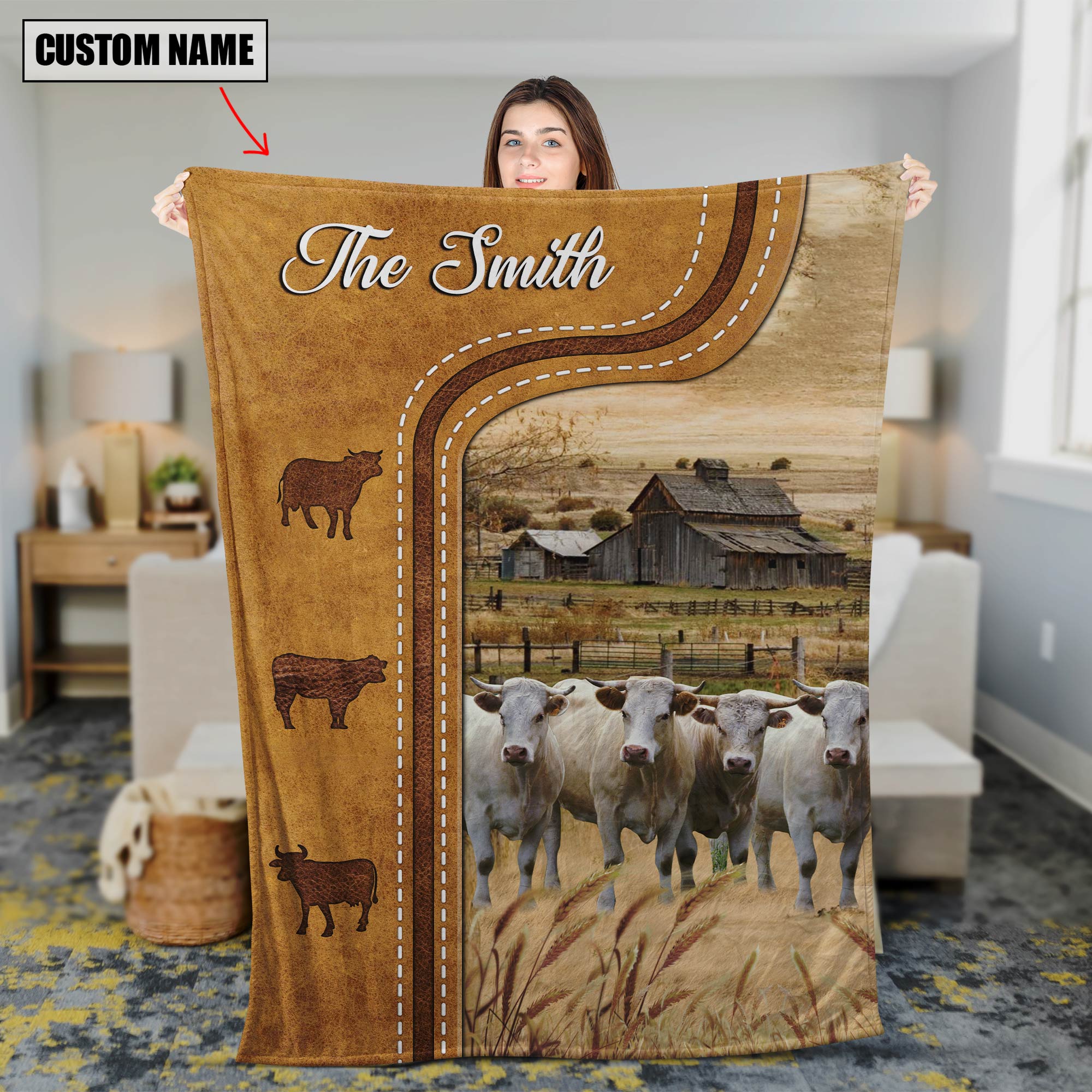 Personalized Charolais Cattle In Field Farmhouse Blanket