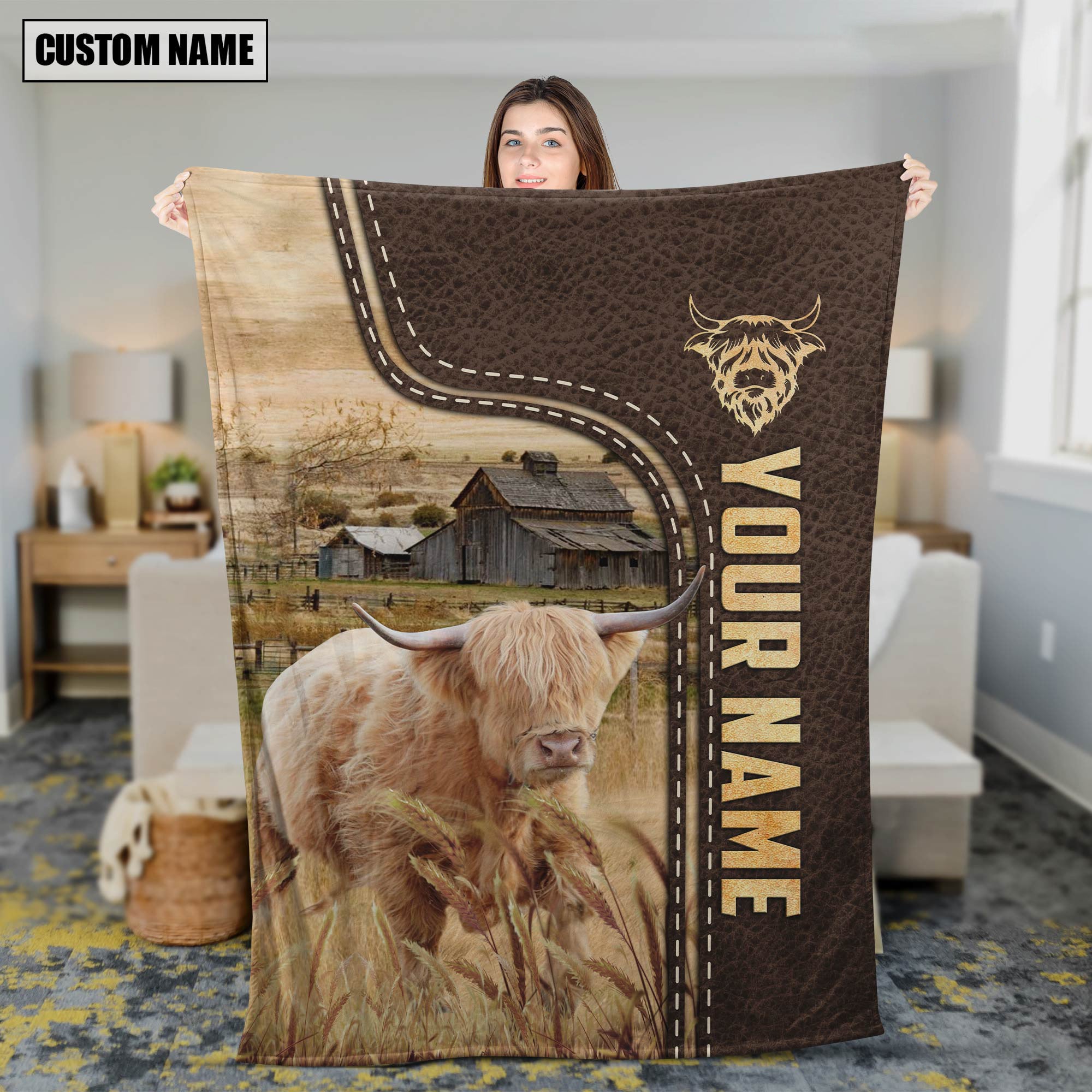 Personalized Name Miniature Highland Leather Pattern Blanket