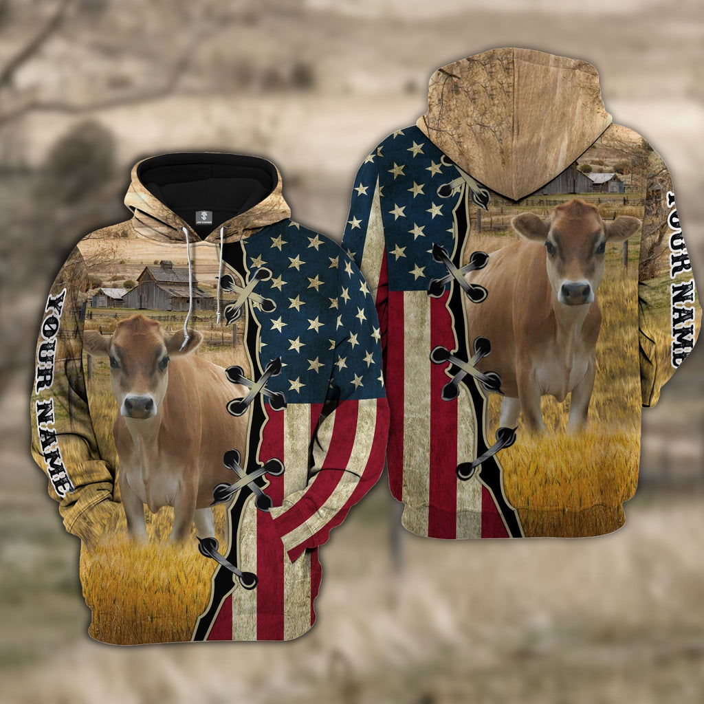 Custom Name Jersey Cattle American Flag 3D Shirt