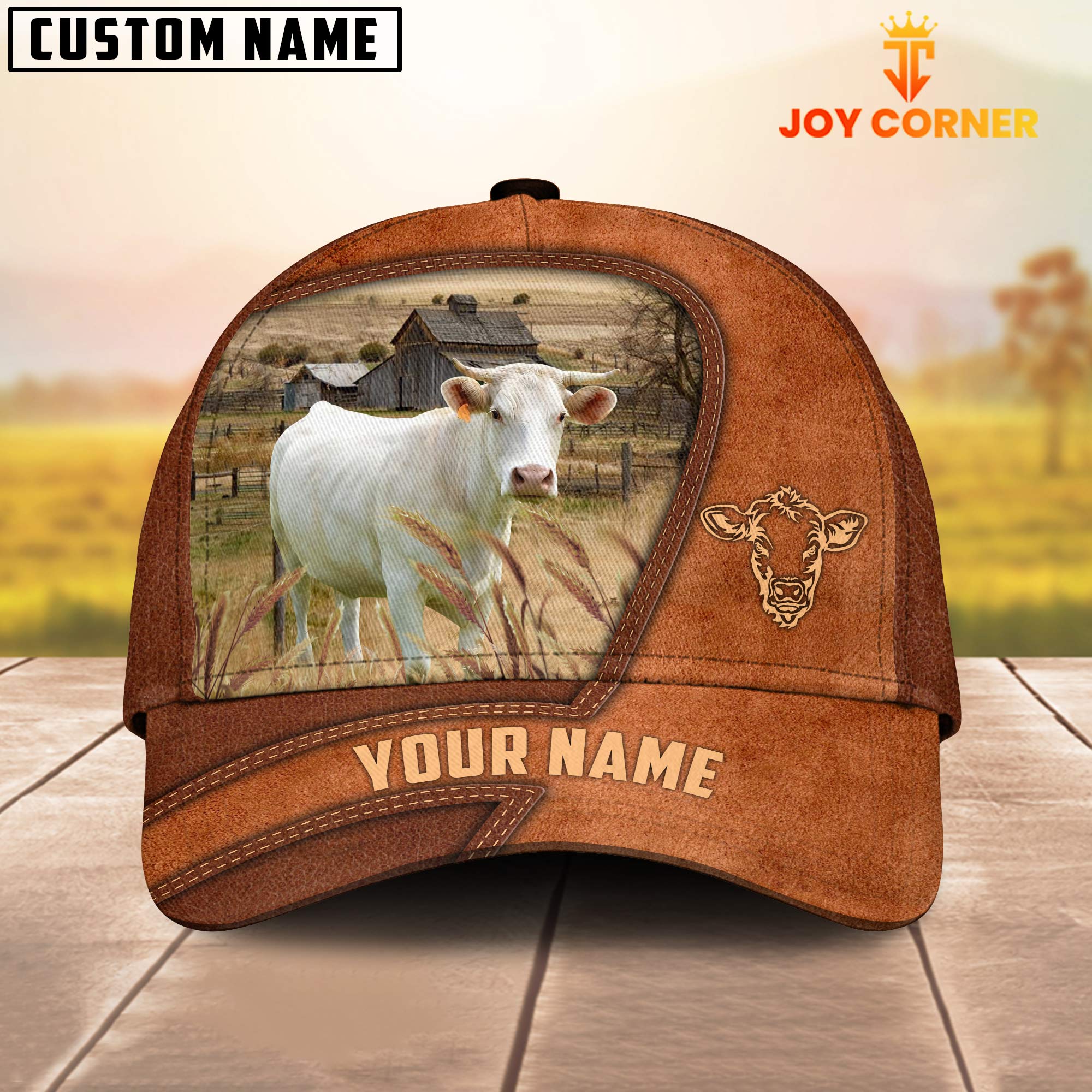 Charolais Customized Name Brown Leather Pattern Cap