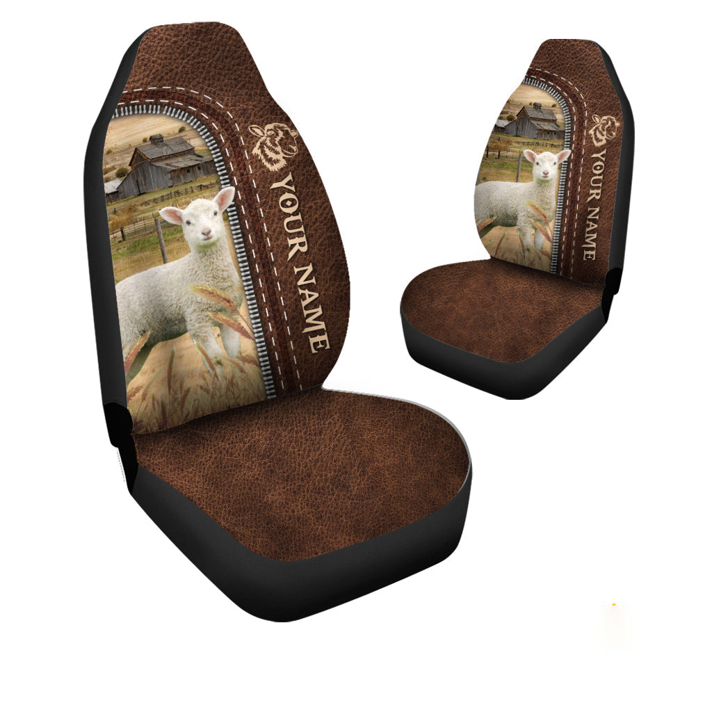 Lambs Personalized Name Leather Pattern Car Seat Covers Universal Fit (2Pcs)
