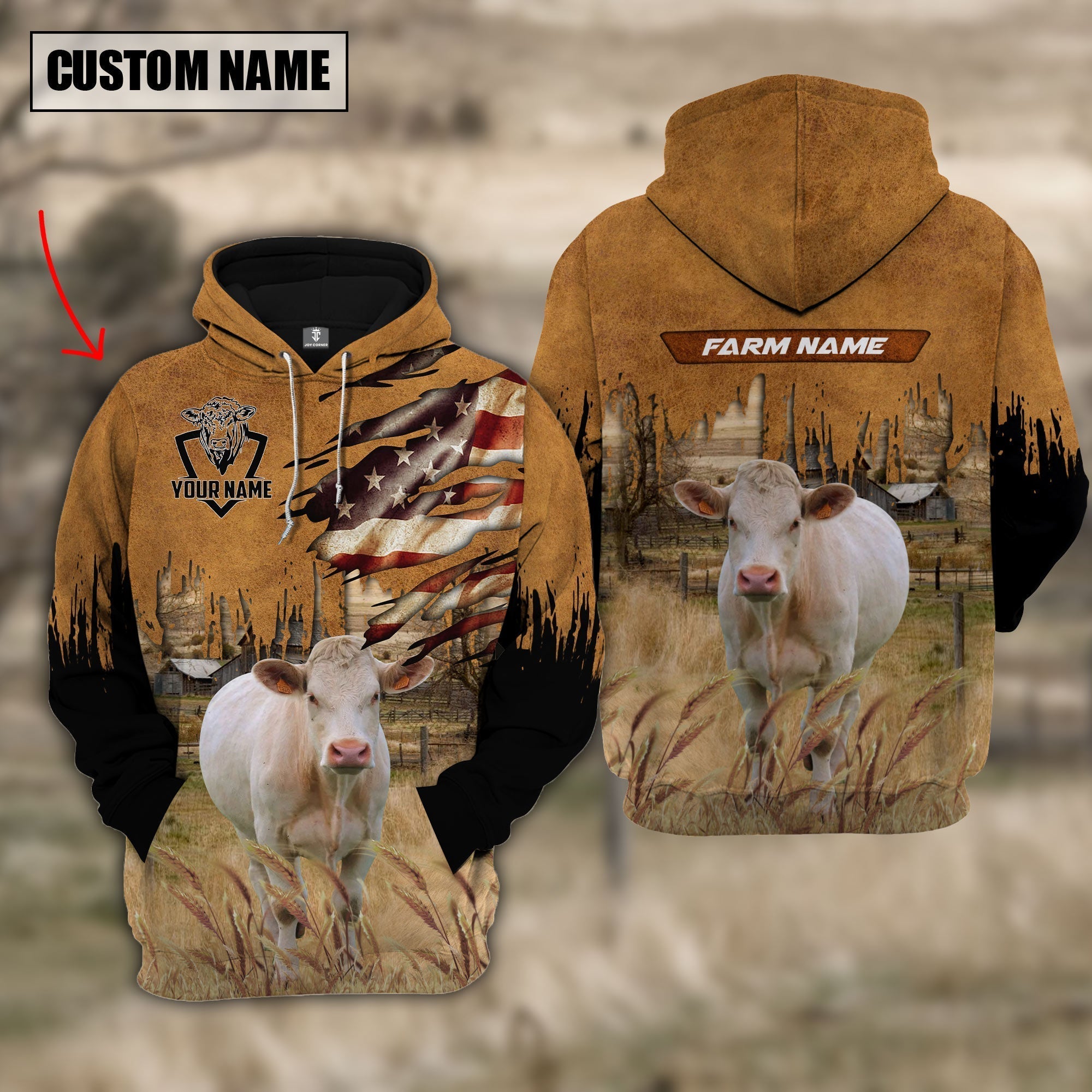 Charolais No Horn Custom Name US FLAG Pattern Hoodie